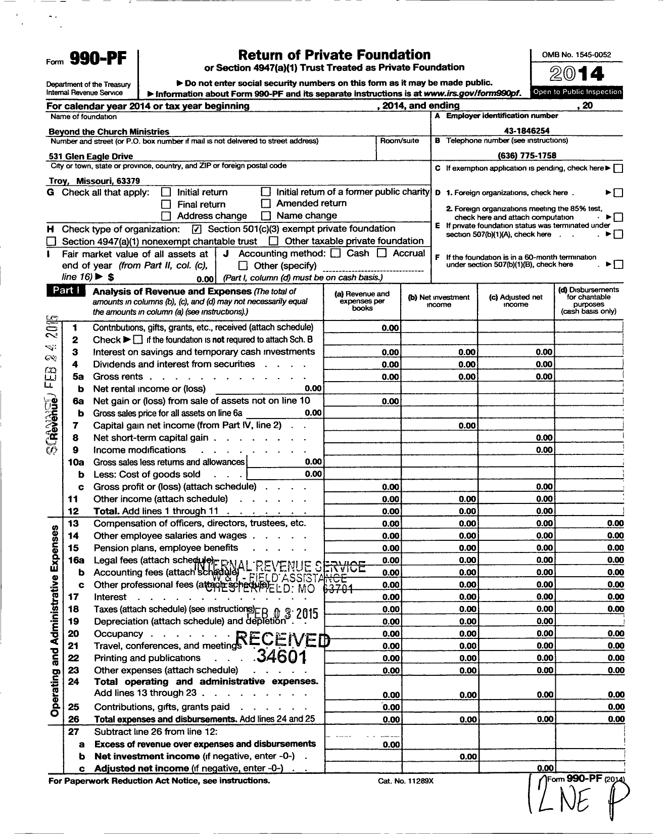 Image of first page of 2014 Form 990PF for Beyond the Church Ministries