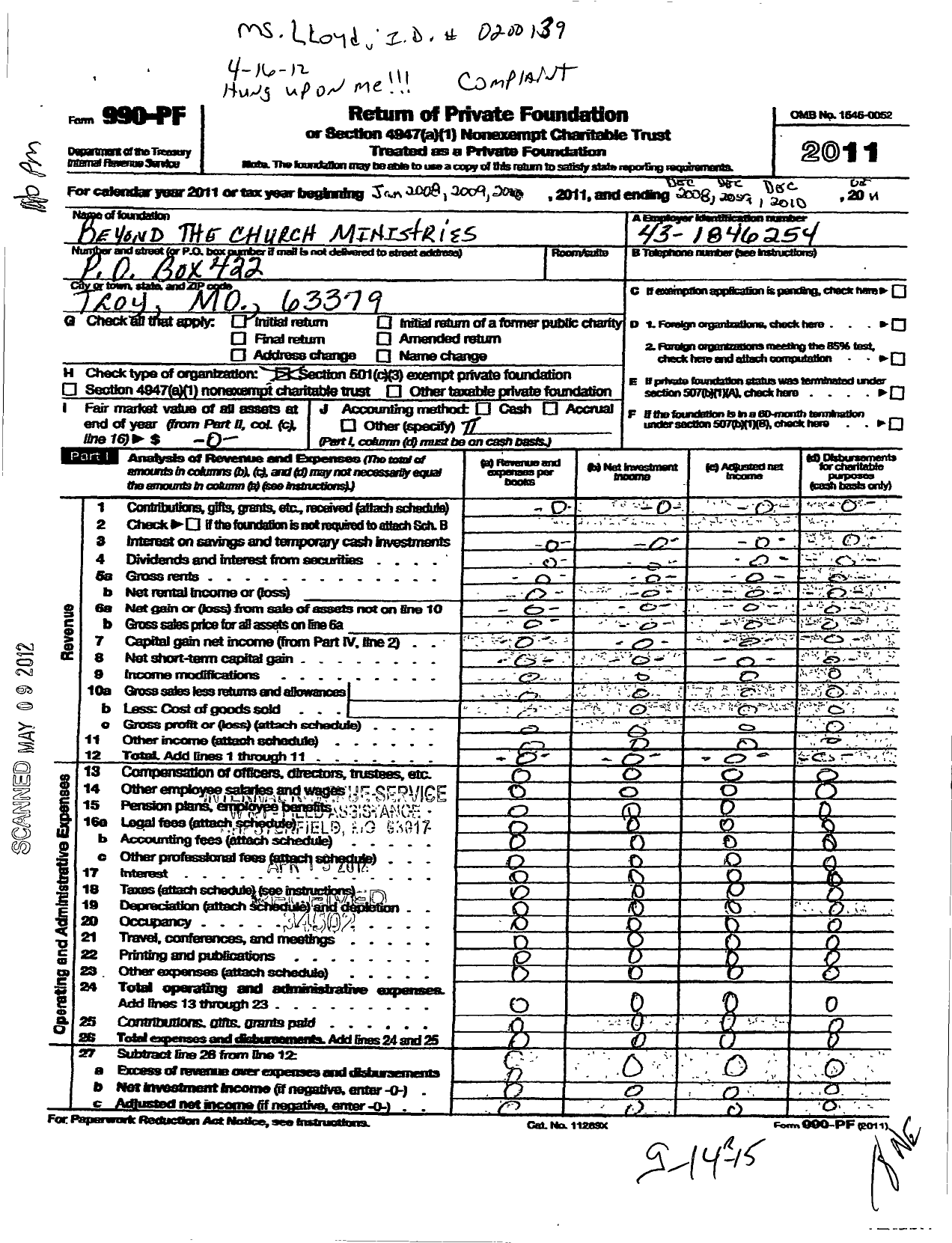 Image of first page of 2011 Form 990PF for Beyond the Church Ministries