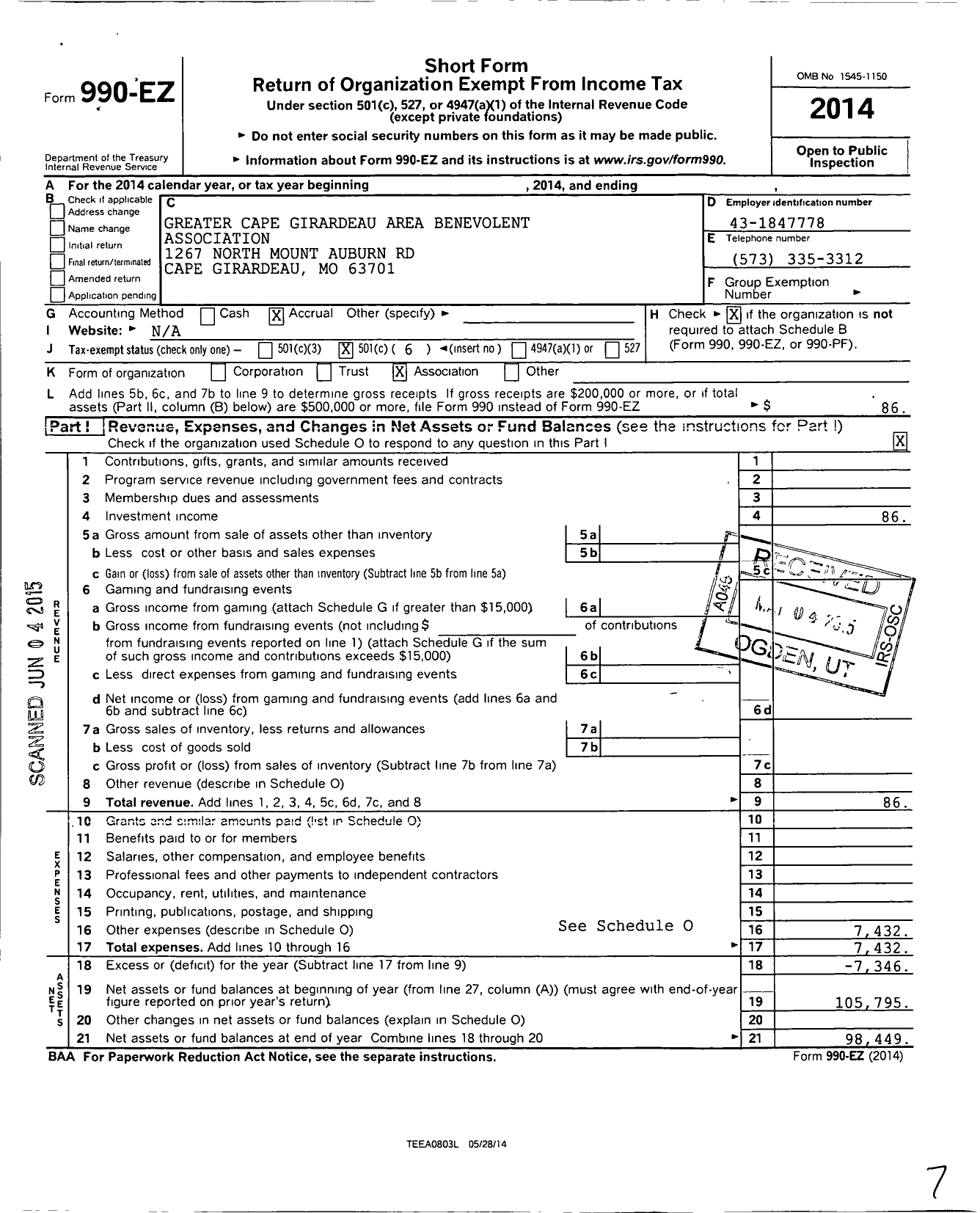 Image of first page of 2014 Form 990EO for Greater Cape Girardeau Area Benevolent Association