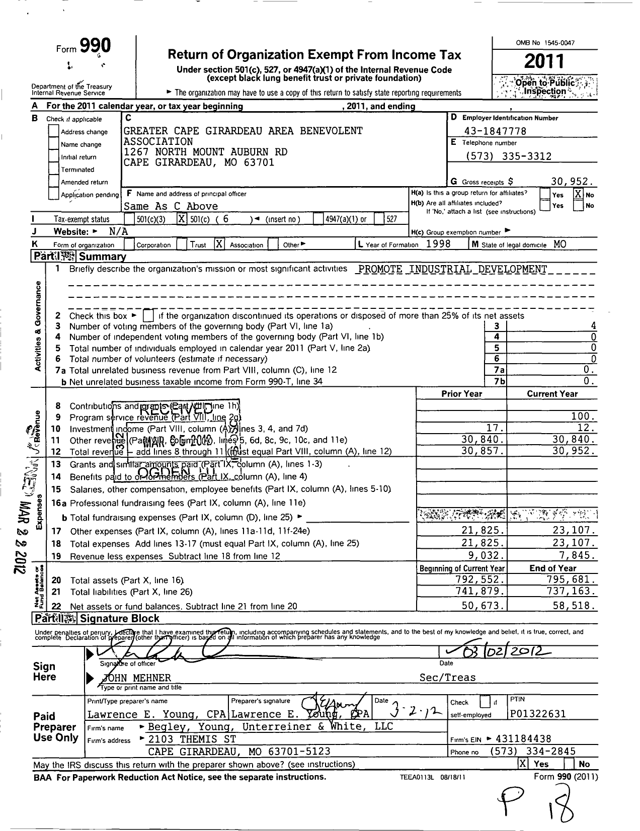 Image of first page of 2011 Form 990O for Greater Cape Girardeau Area Benevolent Association