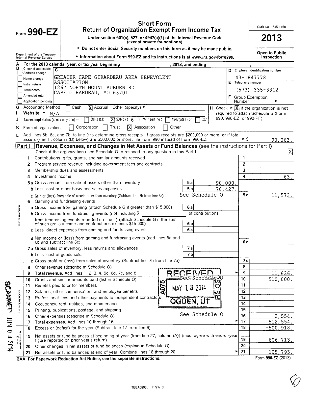 Image of first page of 2013 Form 990EO for Greater Cape Girardeau Area Benevolent Association