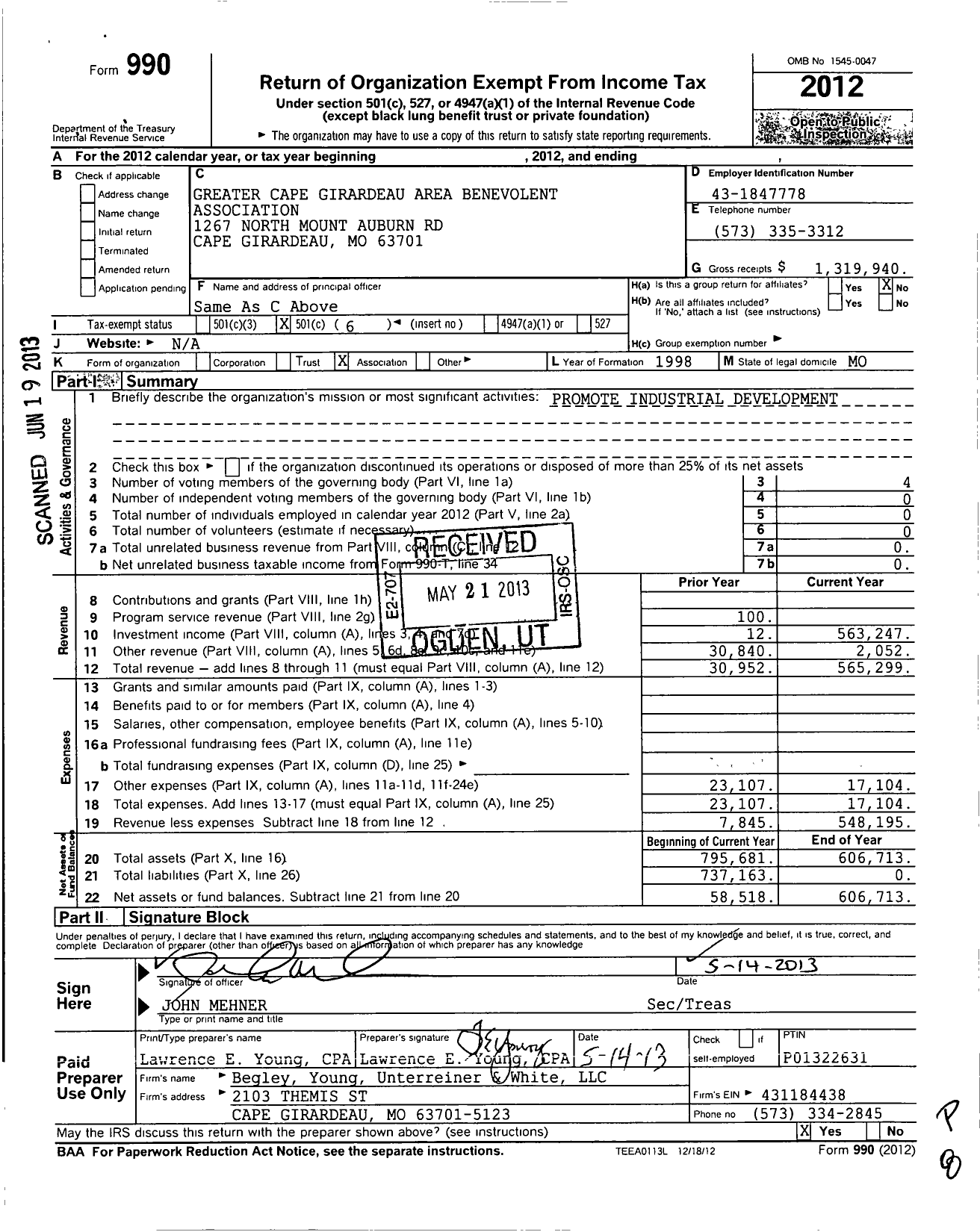 Image of first page of 2012 Form 990O for Greater Cape Girardeau Area Benevolent Association