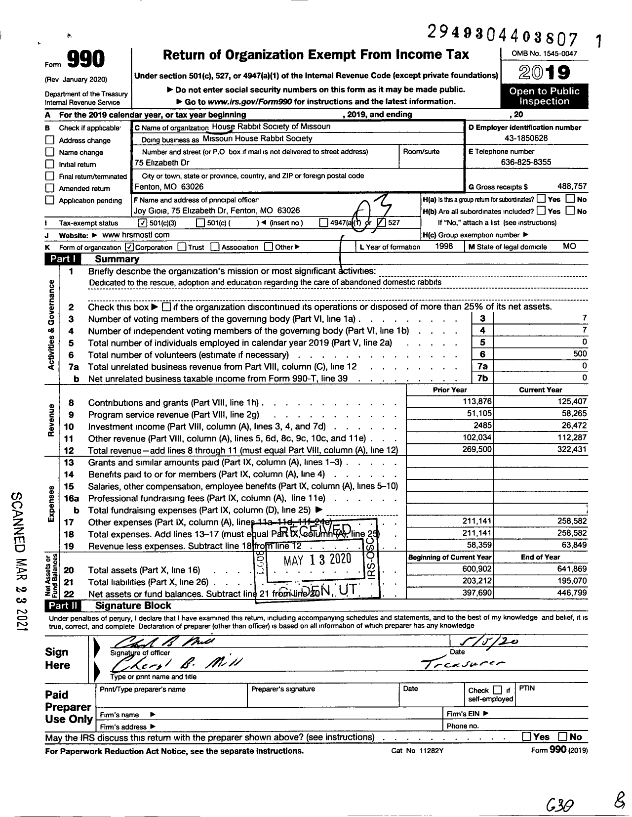 Image of first page of 2019 Form 990 for Missouri House Rabbit Rescue