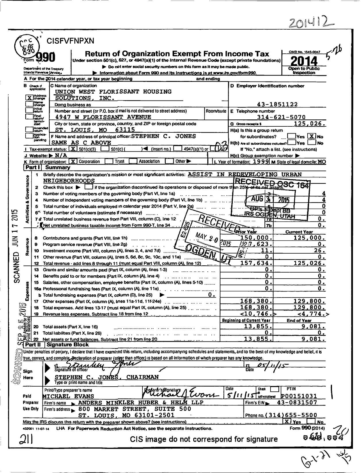 Image of first page of 2014 Form 990 for Union West Florissant Housing Solutions