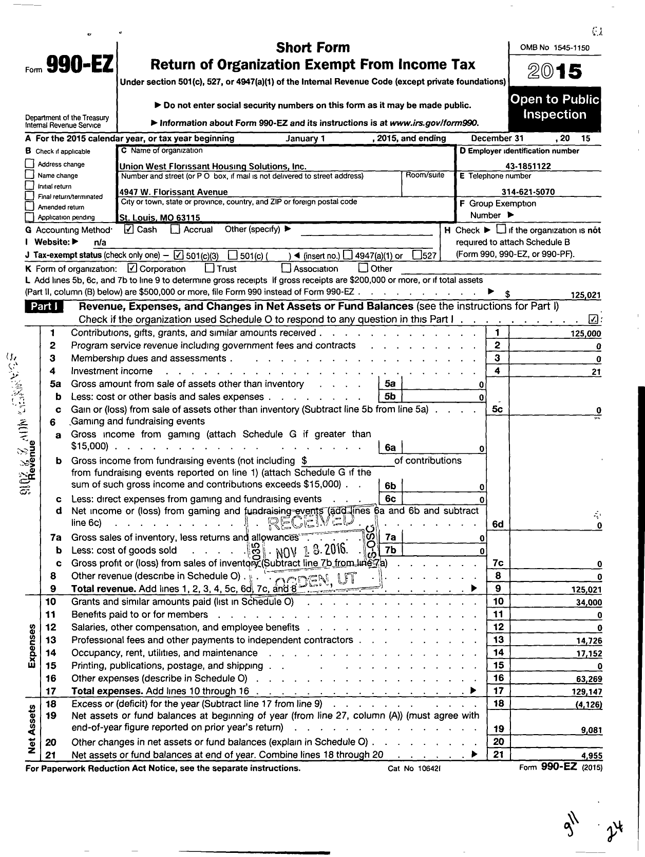 Image of first page of 2015 Form 990EZ for Union West Florissant Housing Solutions