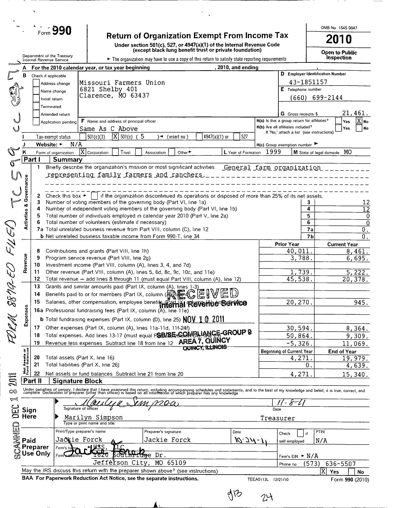 Image of first page of 2010 Form 990O for Missouri Farmers Union