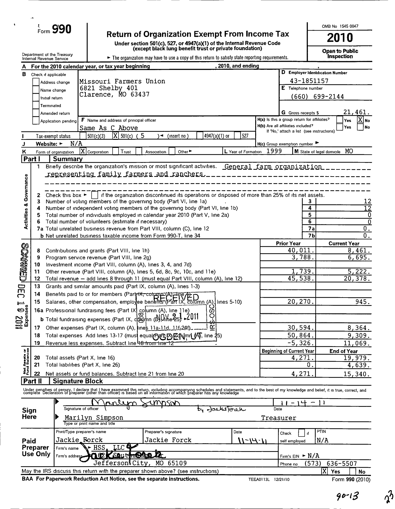 Image of first page of 2010 Form 990O for Missouri Farmers Union