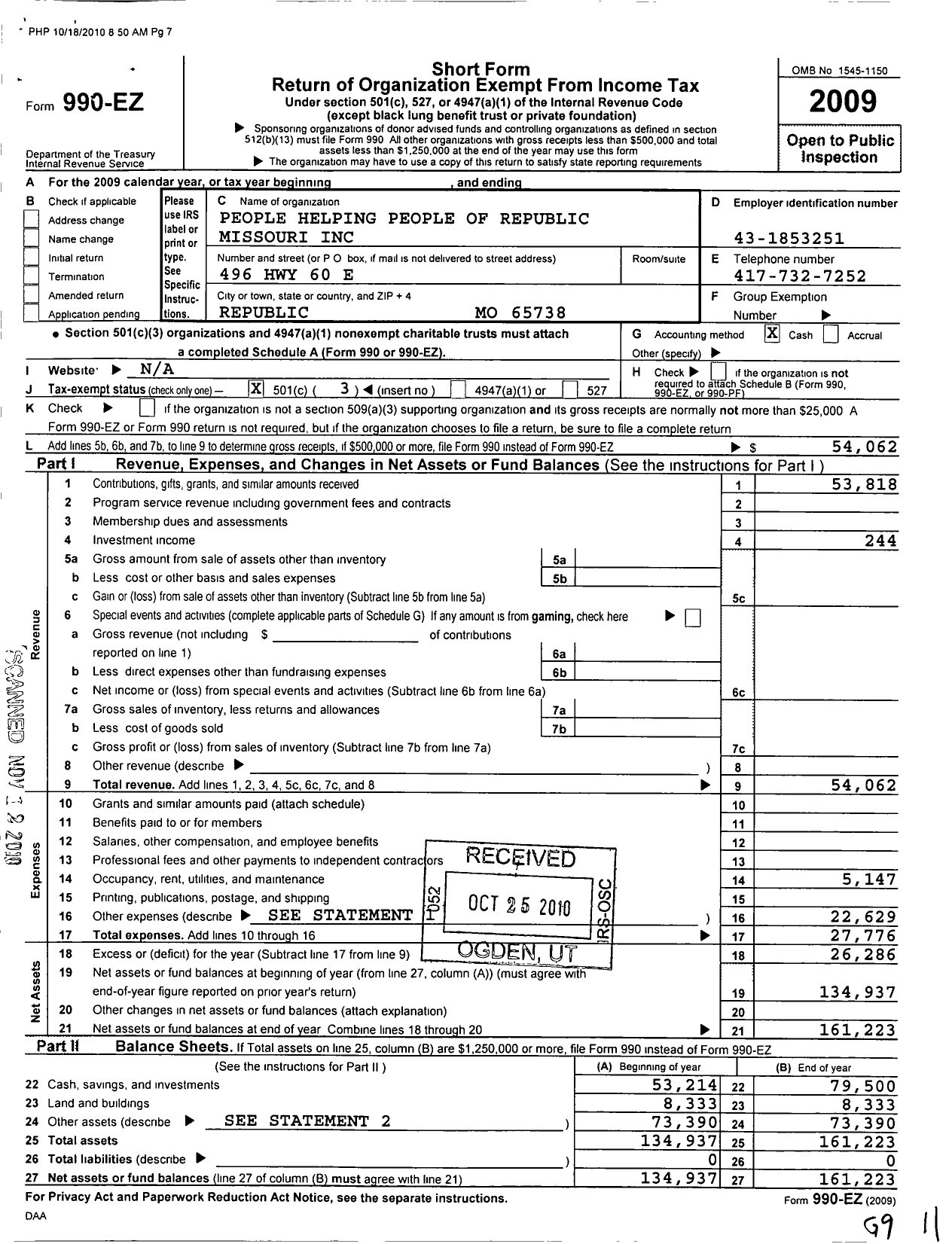 Image of first page of 2009 Form 990EZ for People Helping People of Republic Missouri