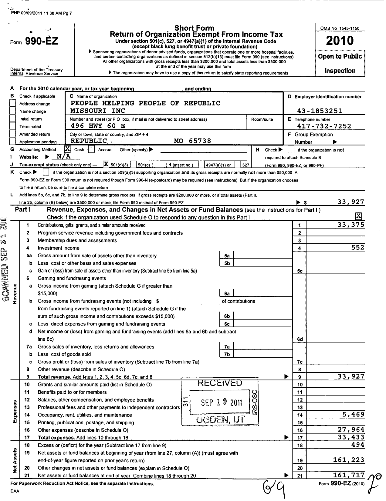 Image of first page of 2010 Form 990EZ for People Helping People of Republic Missouri