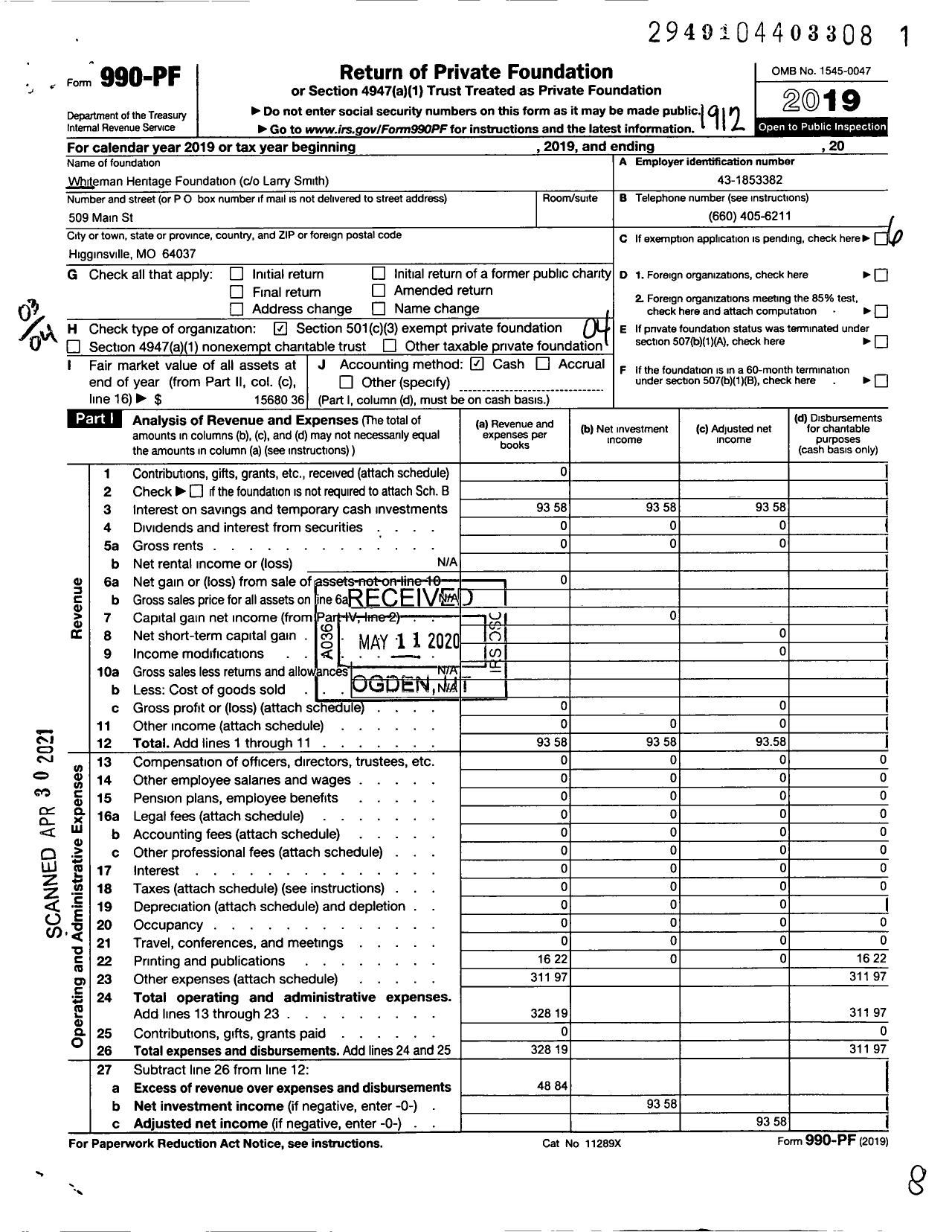 Image of first page of 2019 Form 990PF for Whitman Heritage Foundation