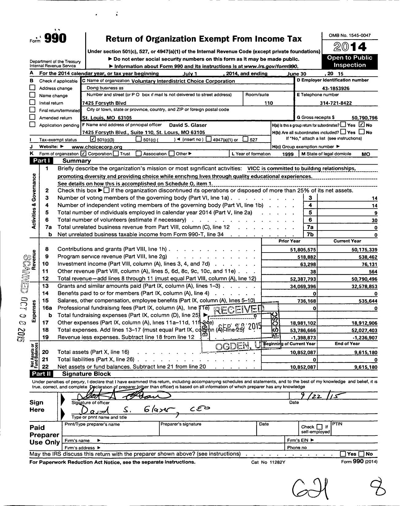 Image of first page of 2014 Form 990 for Voluntary Interdistrict Choice Corporation