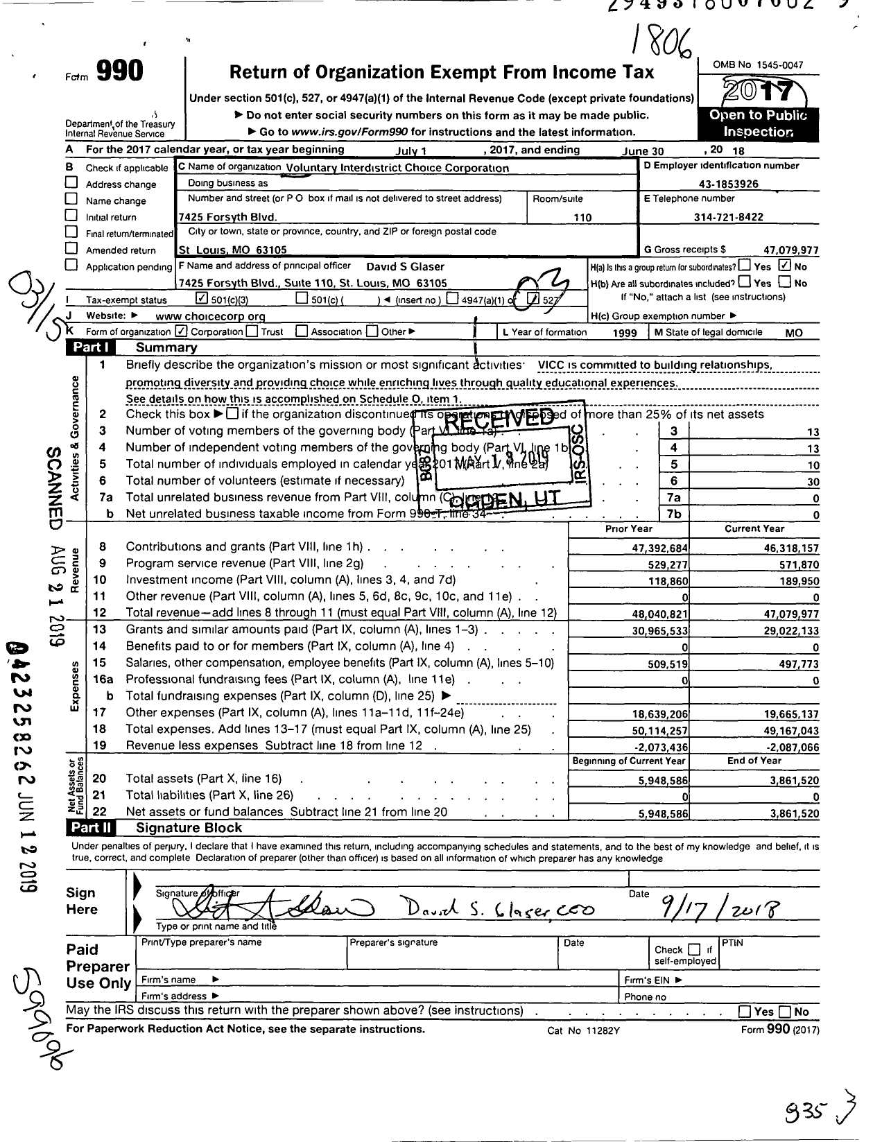 Image of first page of 2017 Form 990 for Voluntary Interdistrict Choice Corporation