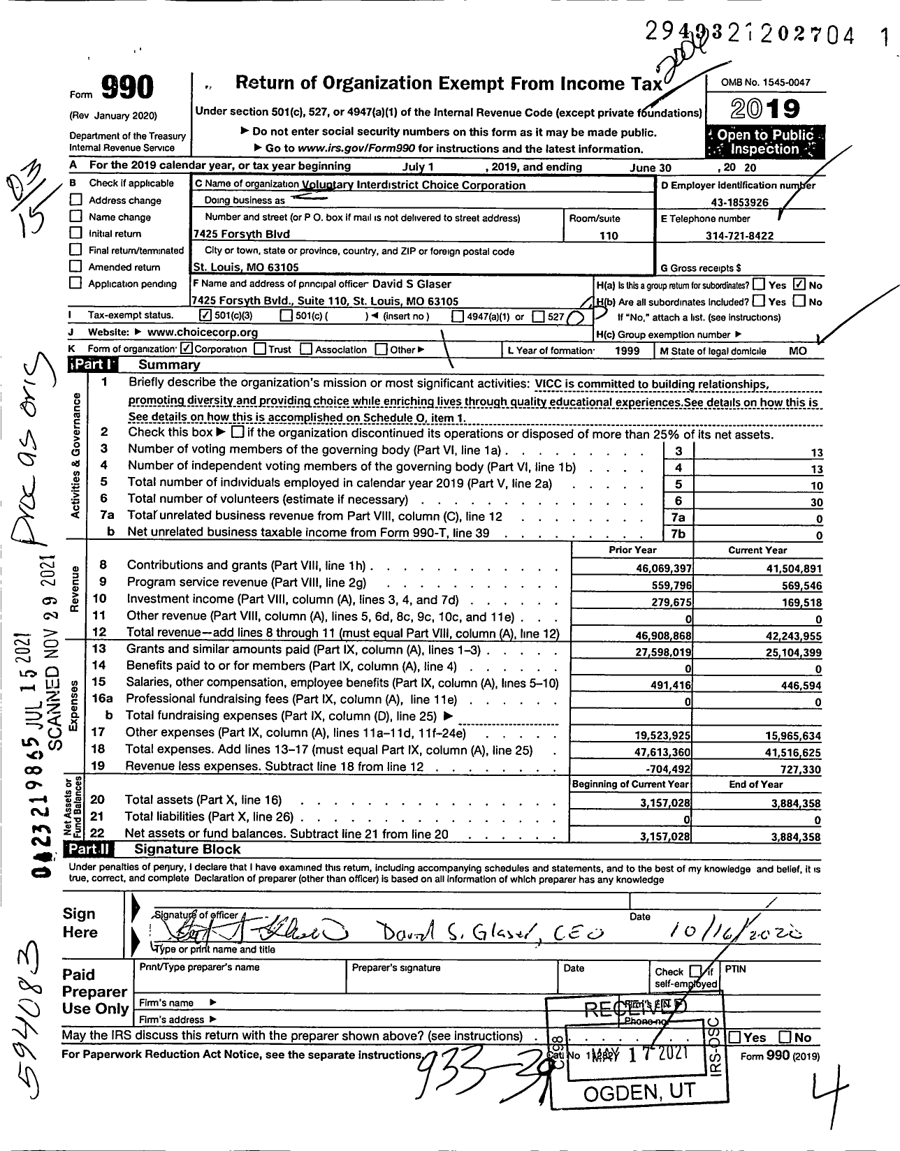 Image of first page of 2019 Form 990 for Voluntary Interdistrict Choice Corporation