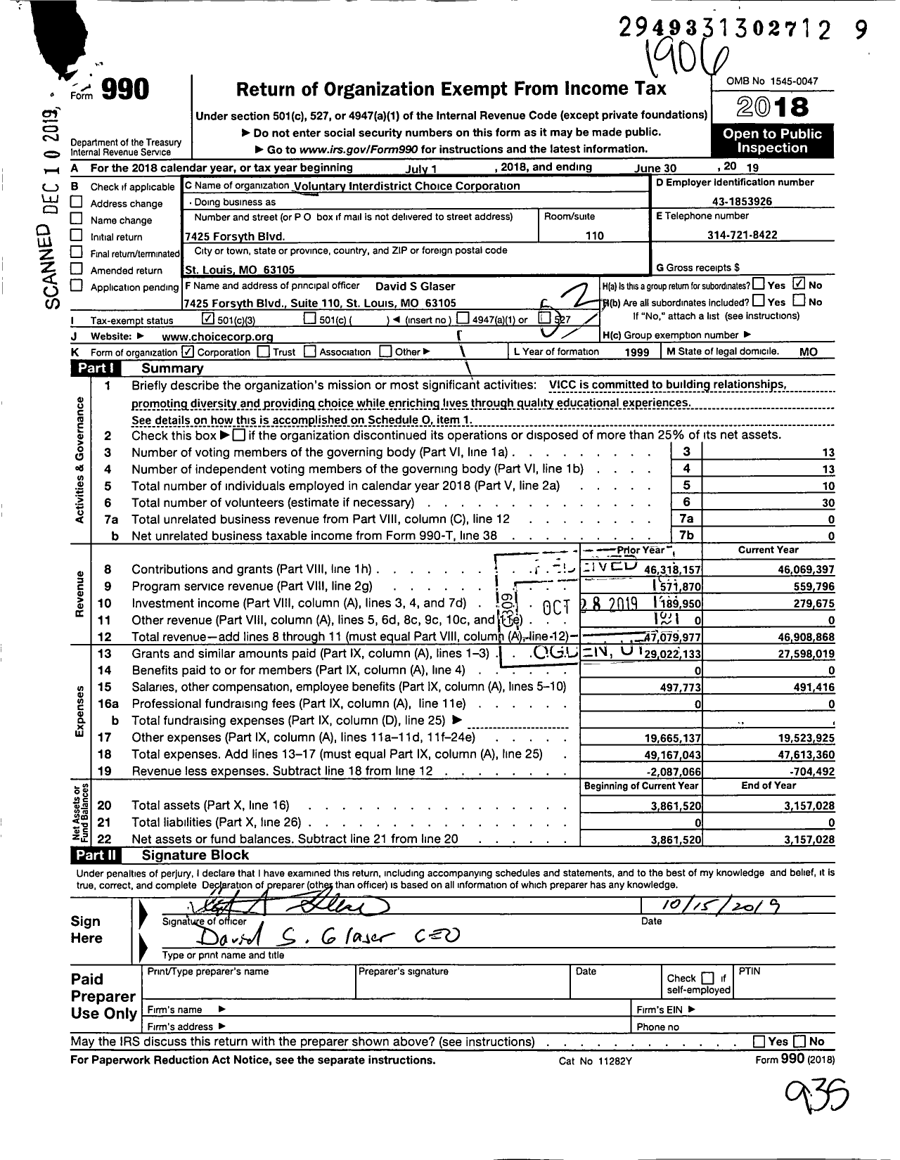 Image of first page of 2018 Form 990 for Voluntary Interdistrict Choice Corporation