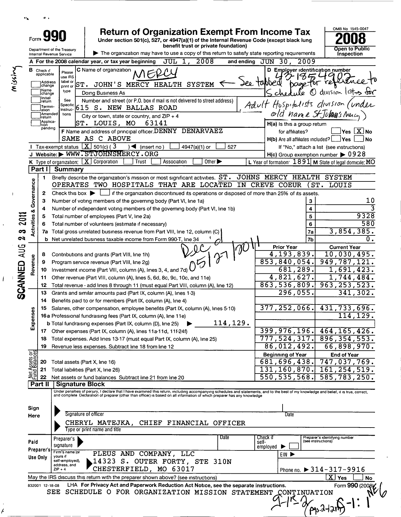 Image of first page of 2008 Form 990 for St Johns Mercy Health System