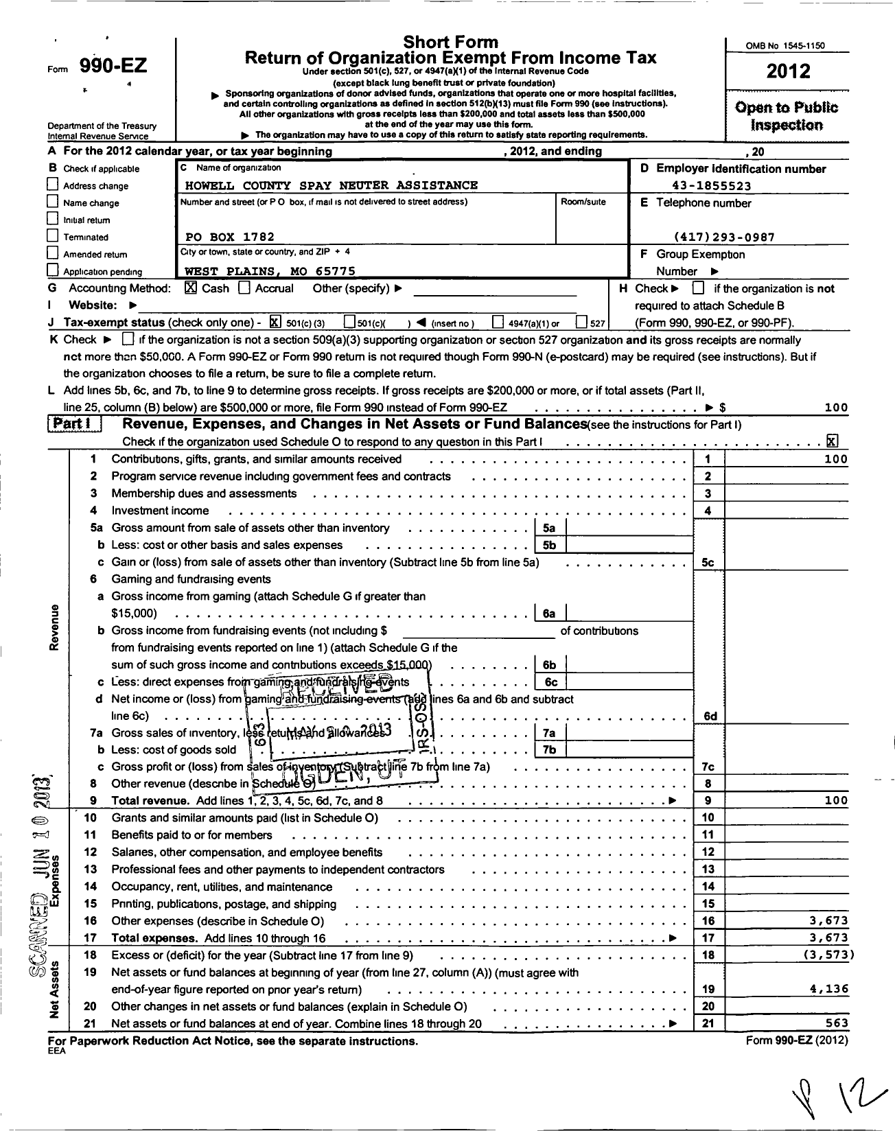 Image of first page of 2012 Form 990EZ for Howell County Spay-Neuter Assistance Program