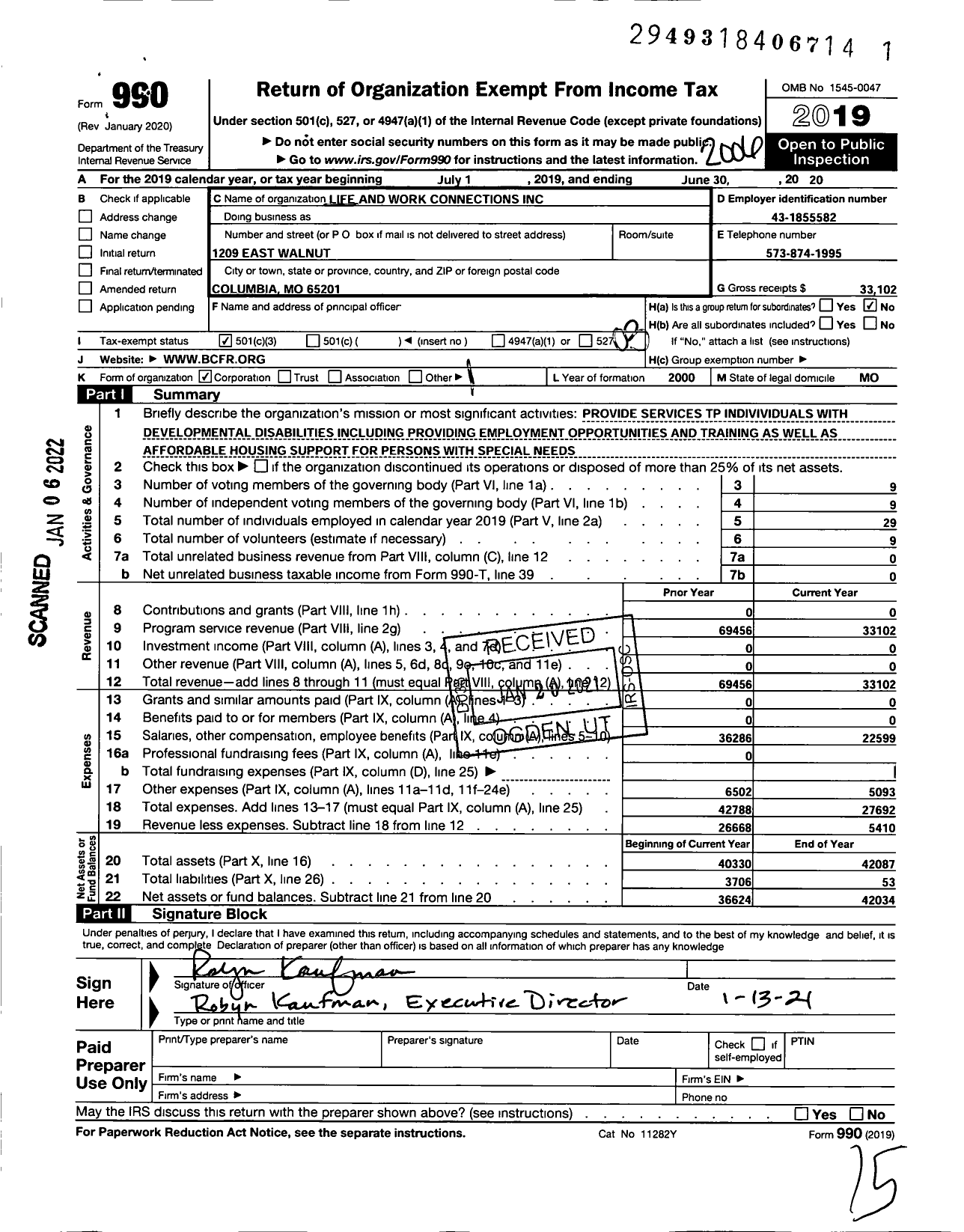 Image of first page of 2019 Form 990 for Life and Work Connections