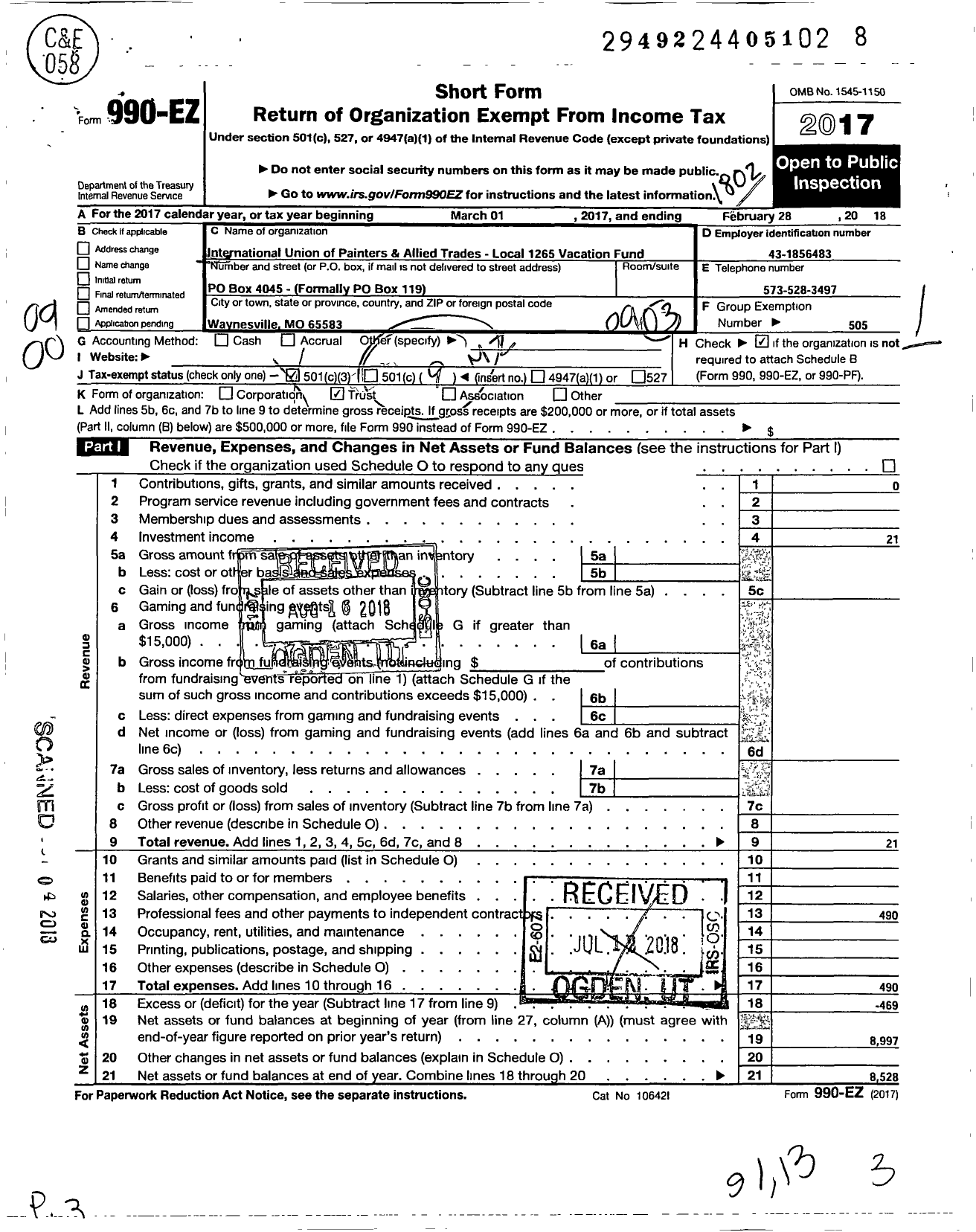 Image of first page of 2017 Form 990EO for International Union of Painters and Allied Trades Local 1265 Vacation Fund