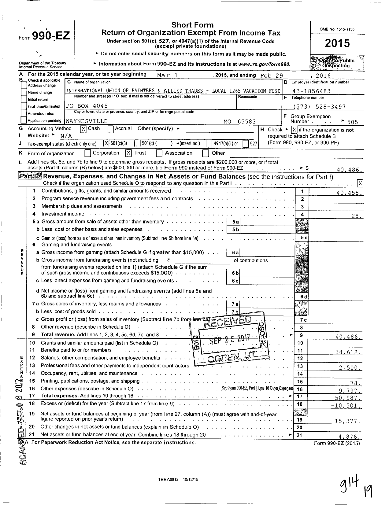 Image of first page of 2015 Form 990EZ for International Union of Painters and Allied Trades Local 1265 Vacation Fund