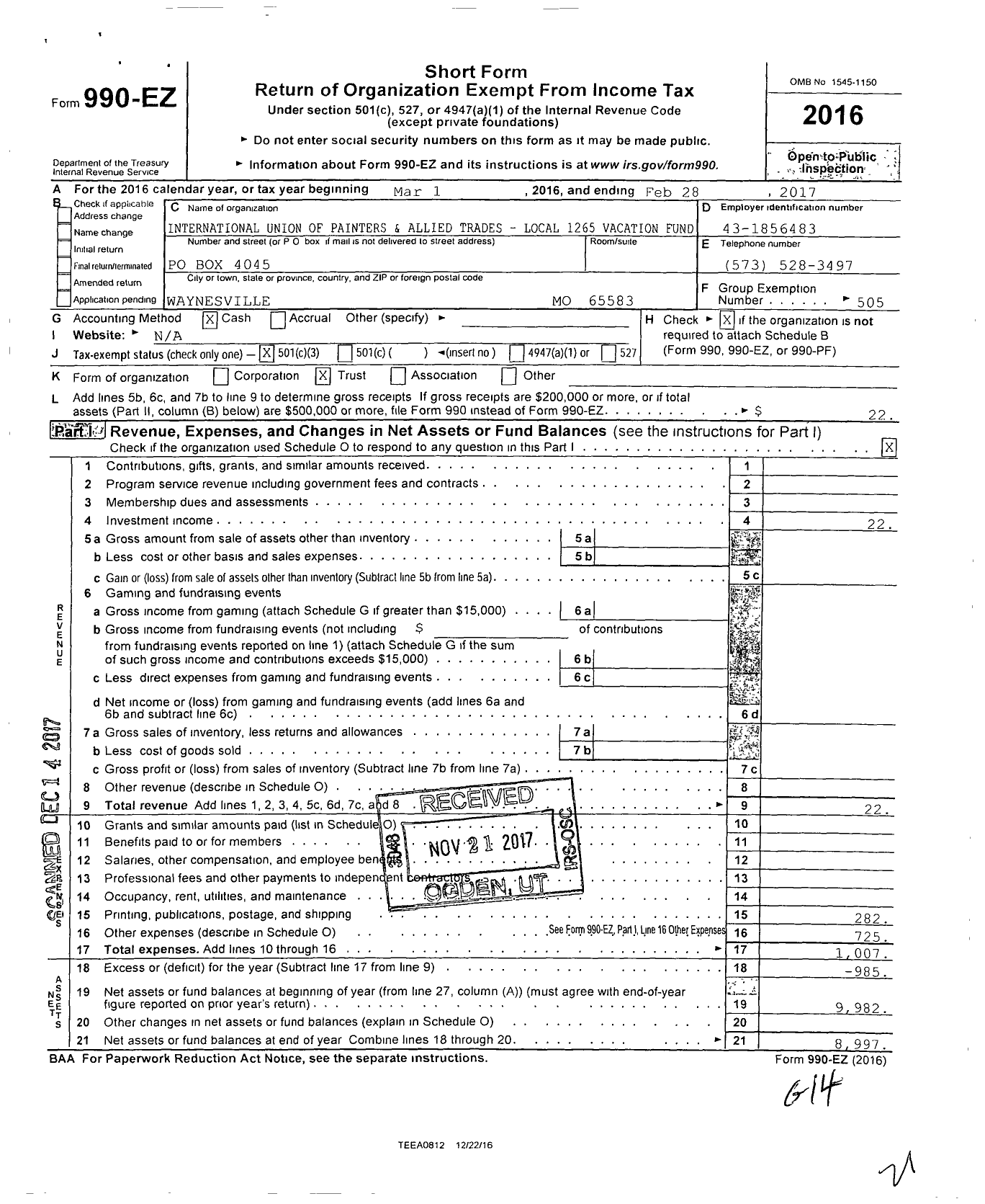 Image of first page of 2016 Form 990EZ for International Union of Painters and Allied Trades Local 1265 Vacation Fund