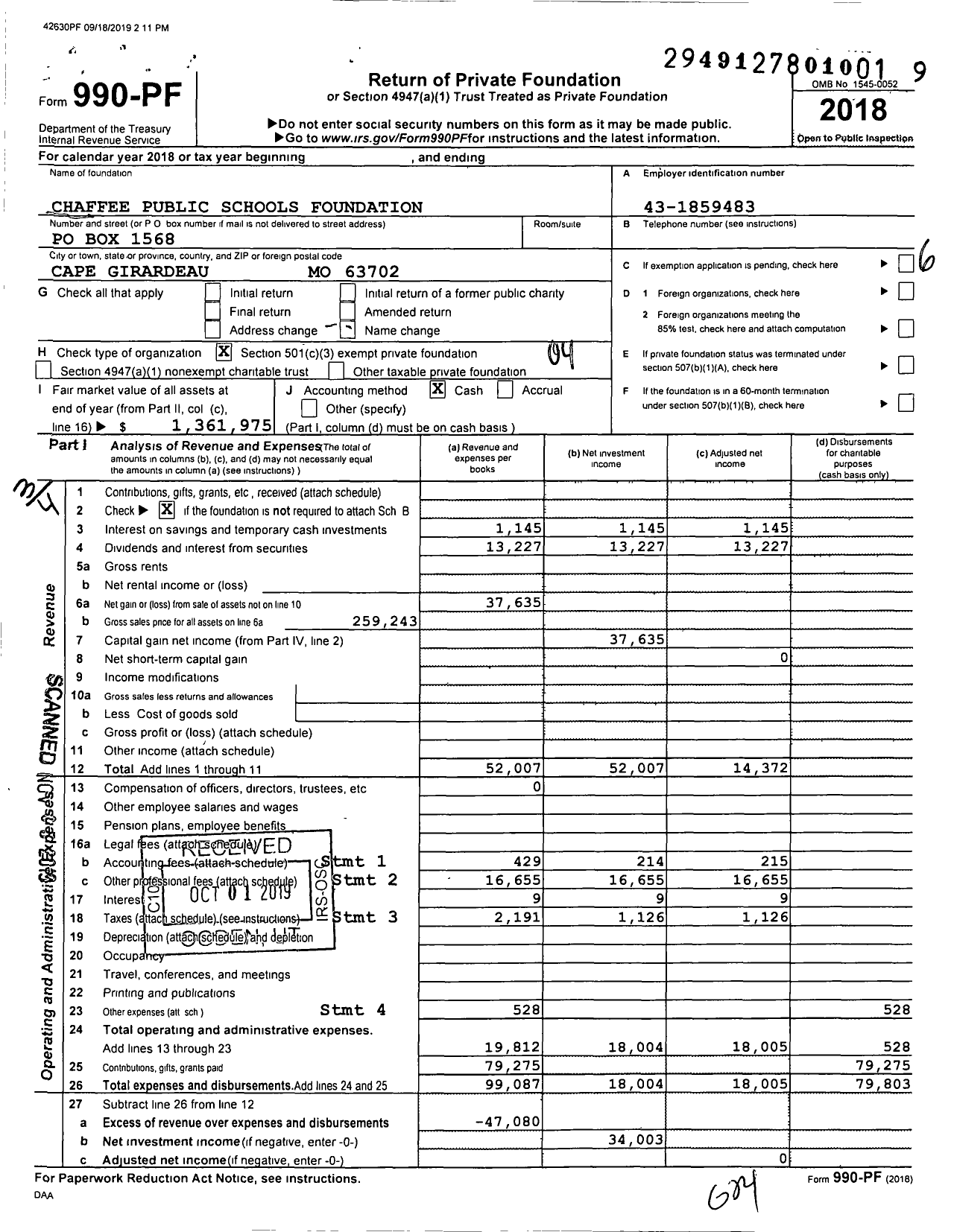 Image of first page of 2018 Form 990PF for Chaffee Public Schools Foundation