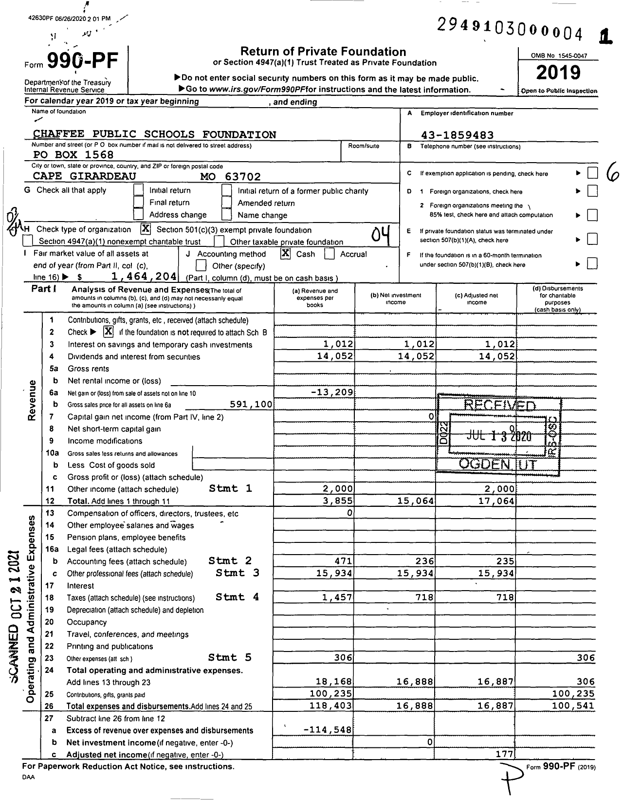 Image of first page of 2019 Form 990PF for Chaffee Public Schools Foundation