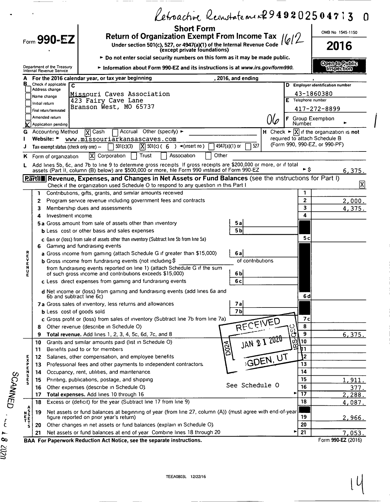 Image of first page of 2016 Form 990EO for Missouri Cave Association