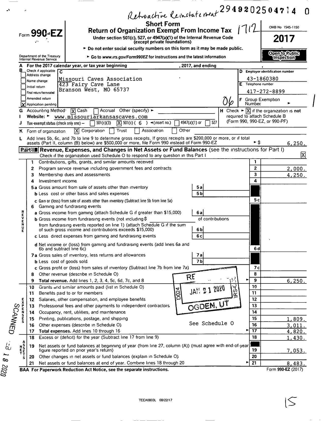 Image of first page of 2017 Form 990EO for Missouri Cave Association