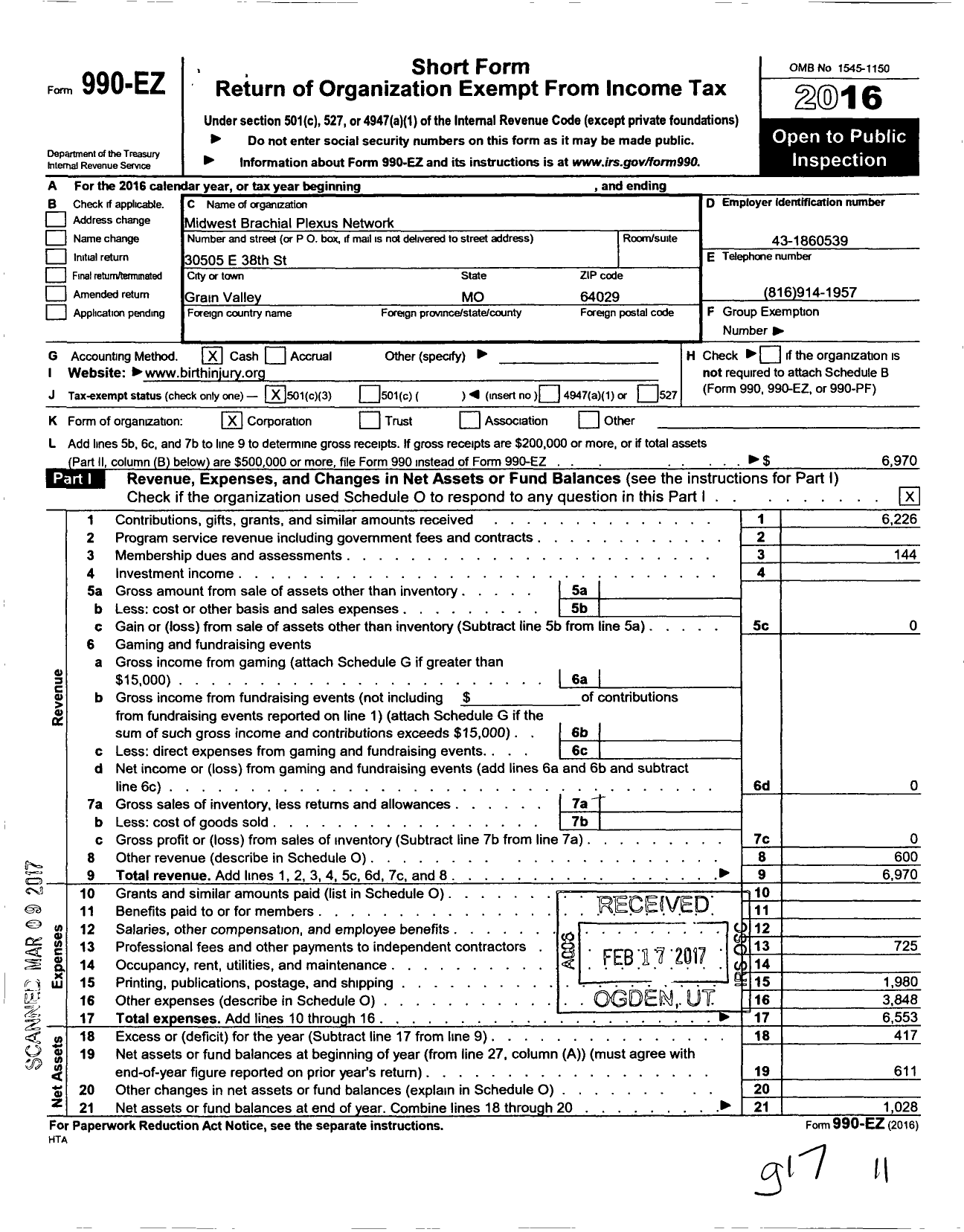 Image of first page of 2016 Form 990EZ for Midwest Brachial Piexus Network