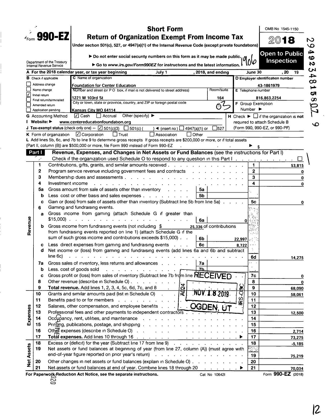 Image of first page of 2018 Form 990EZ for Foundation for Center Education