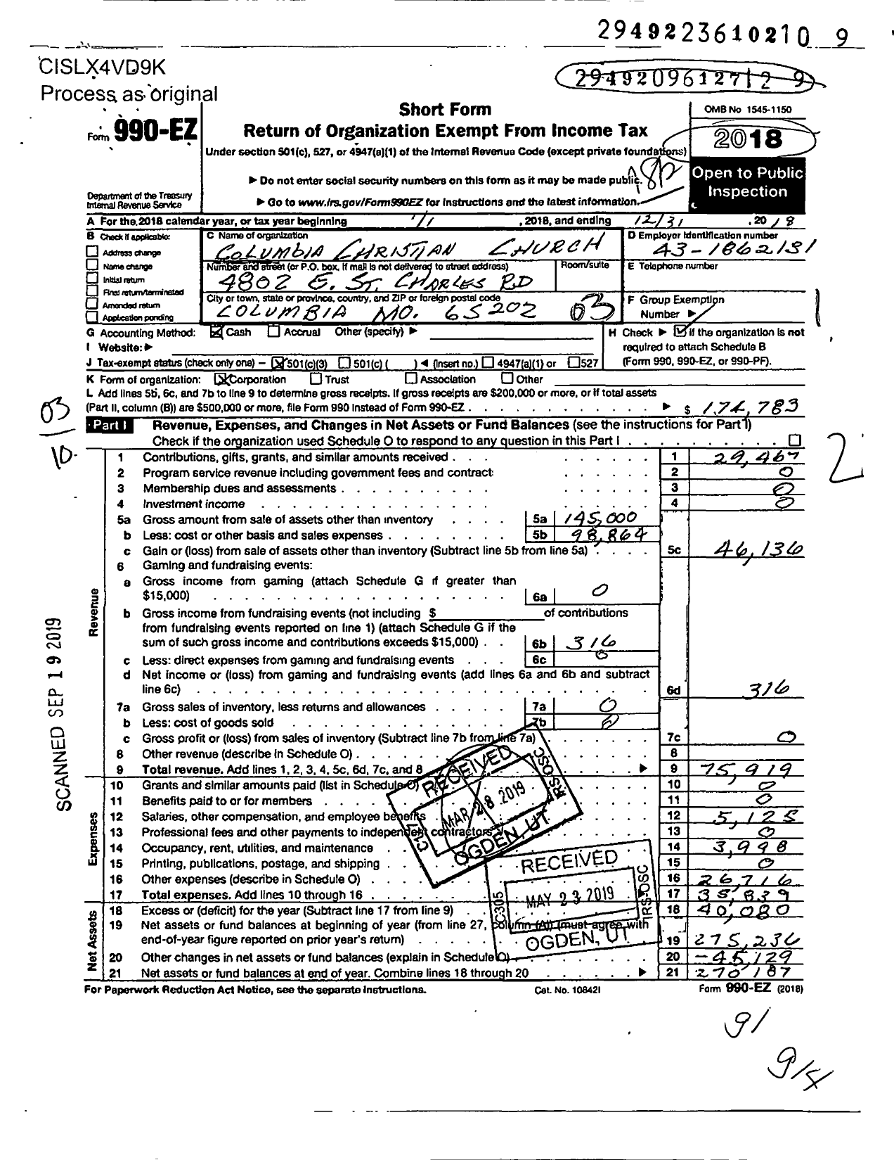 Image of first page of 2018 Form 990EZ for Columbia Christian Church