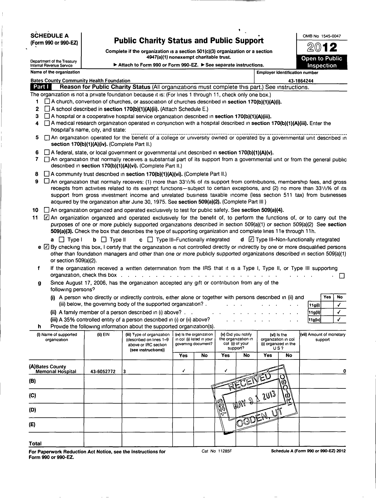 Image of first page of 2012 Form 990ER for Bates County Community Health Foundation