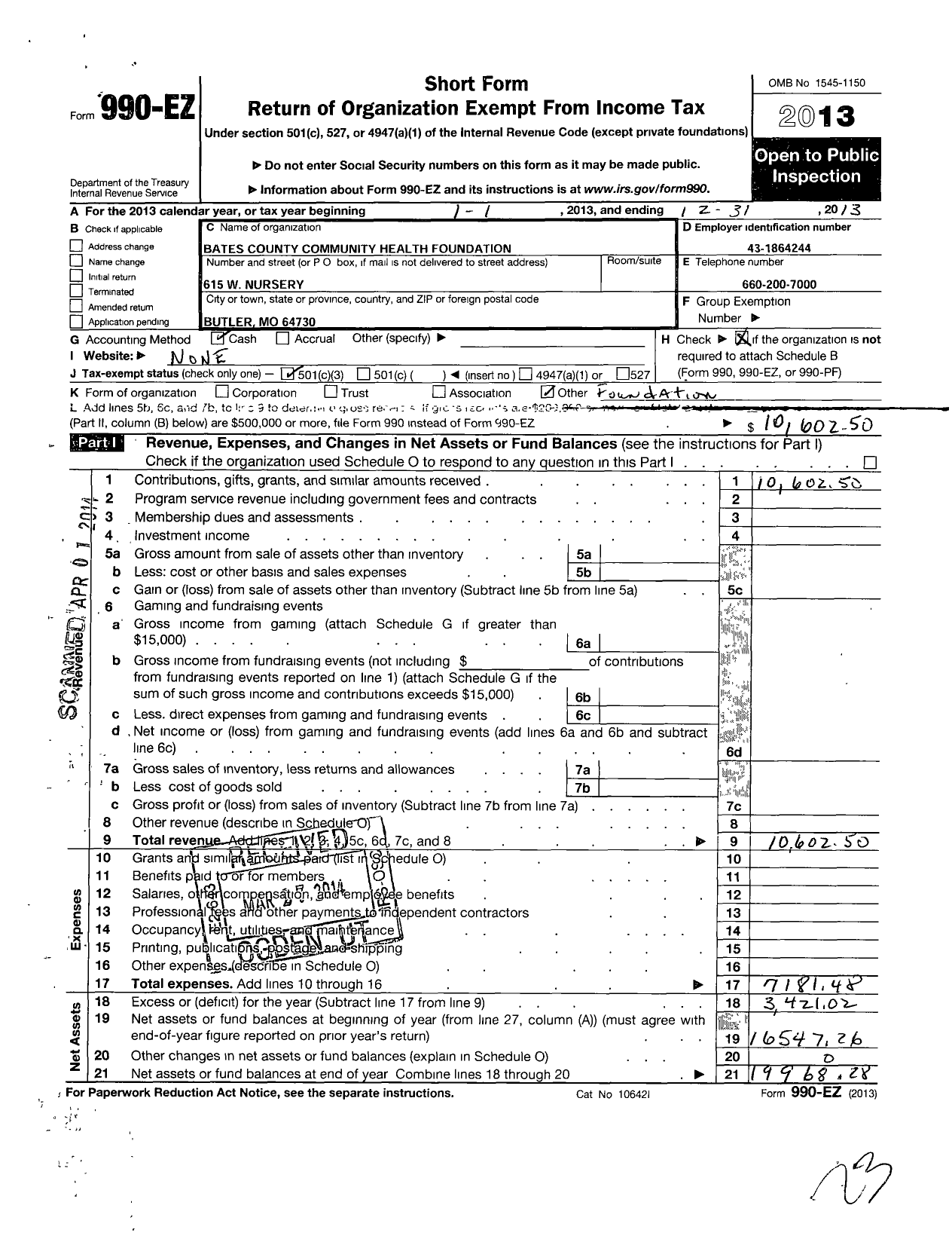 Image of first page of 2013 Form 990EZ for Bates County Community Health Foundation