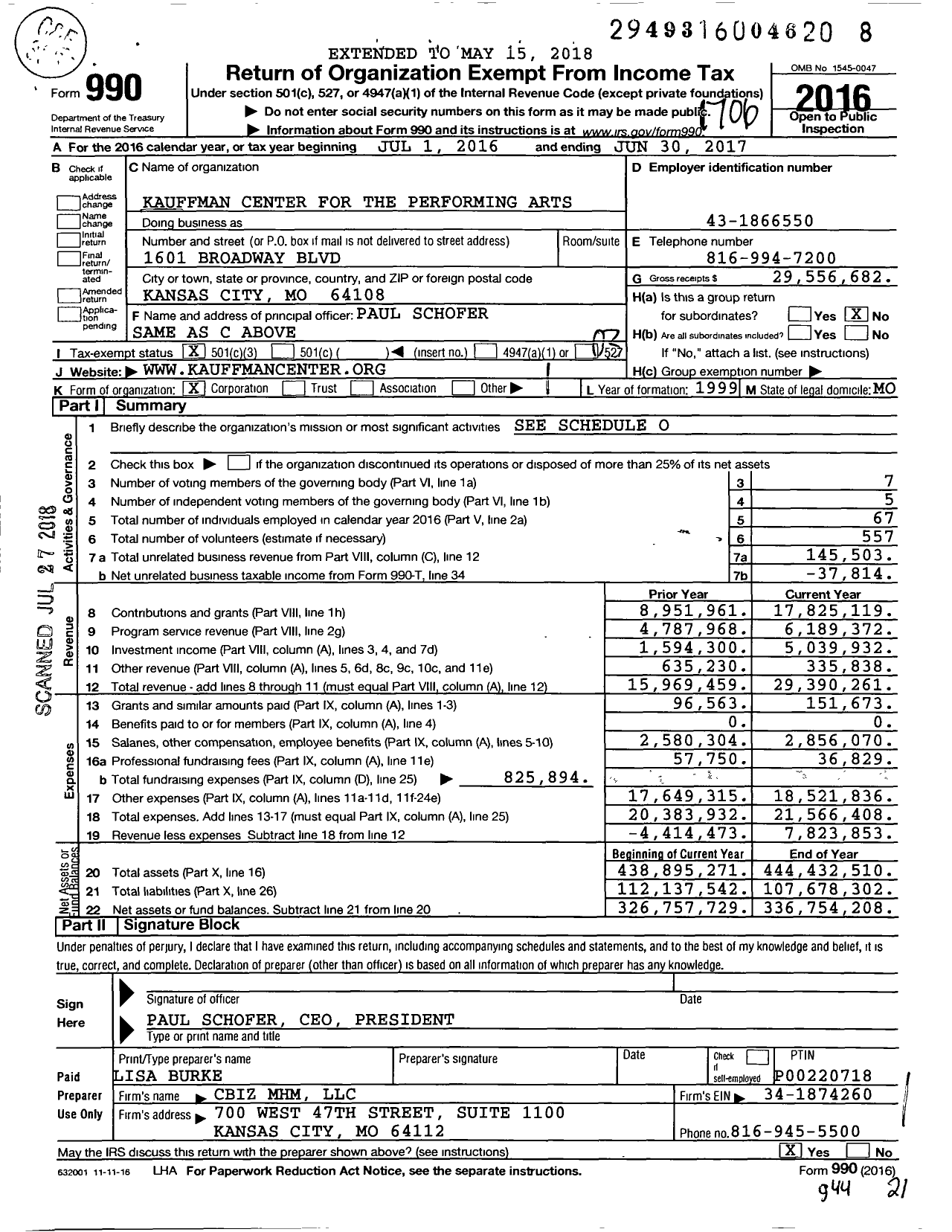 Image of first page of 2016 Form 990 for Kauffman Center for the Performing Arts