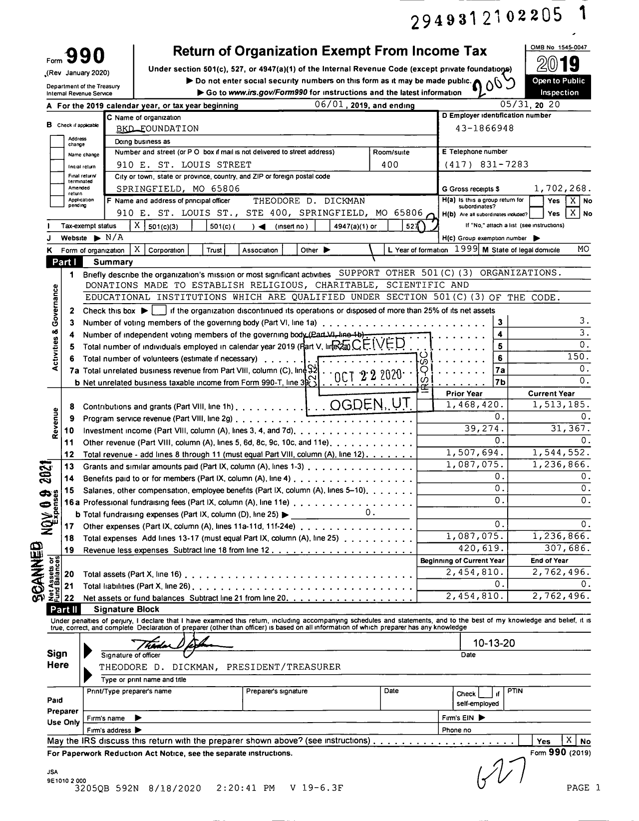 Image of first page of 2019 Form 990 for Forvis Foundation