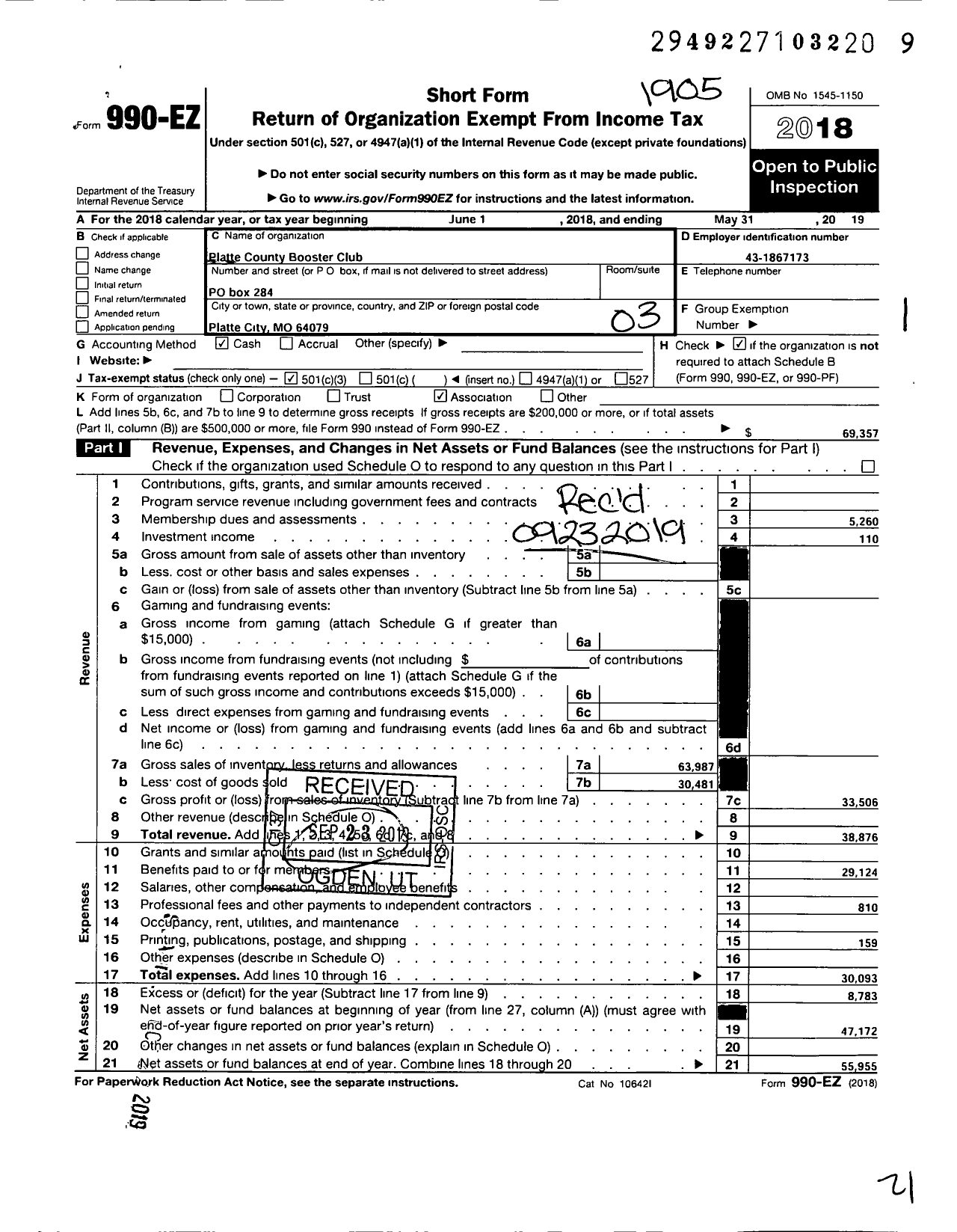 Image of first page of 2018 Form 990EZ for Platte County Booster Club