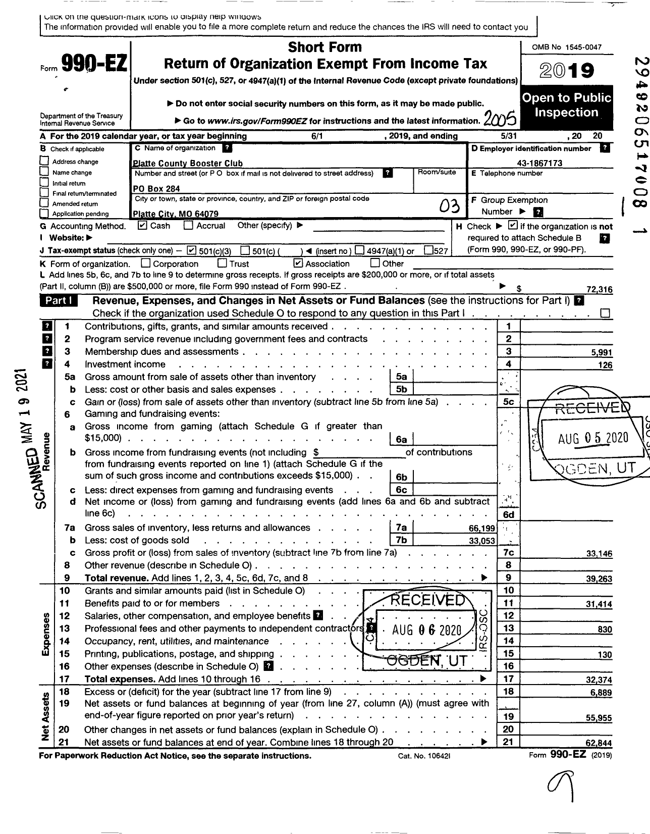 Image of first page of 2019 Form 990EZ for Platte County Booster Club