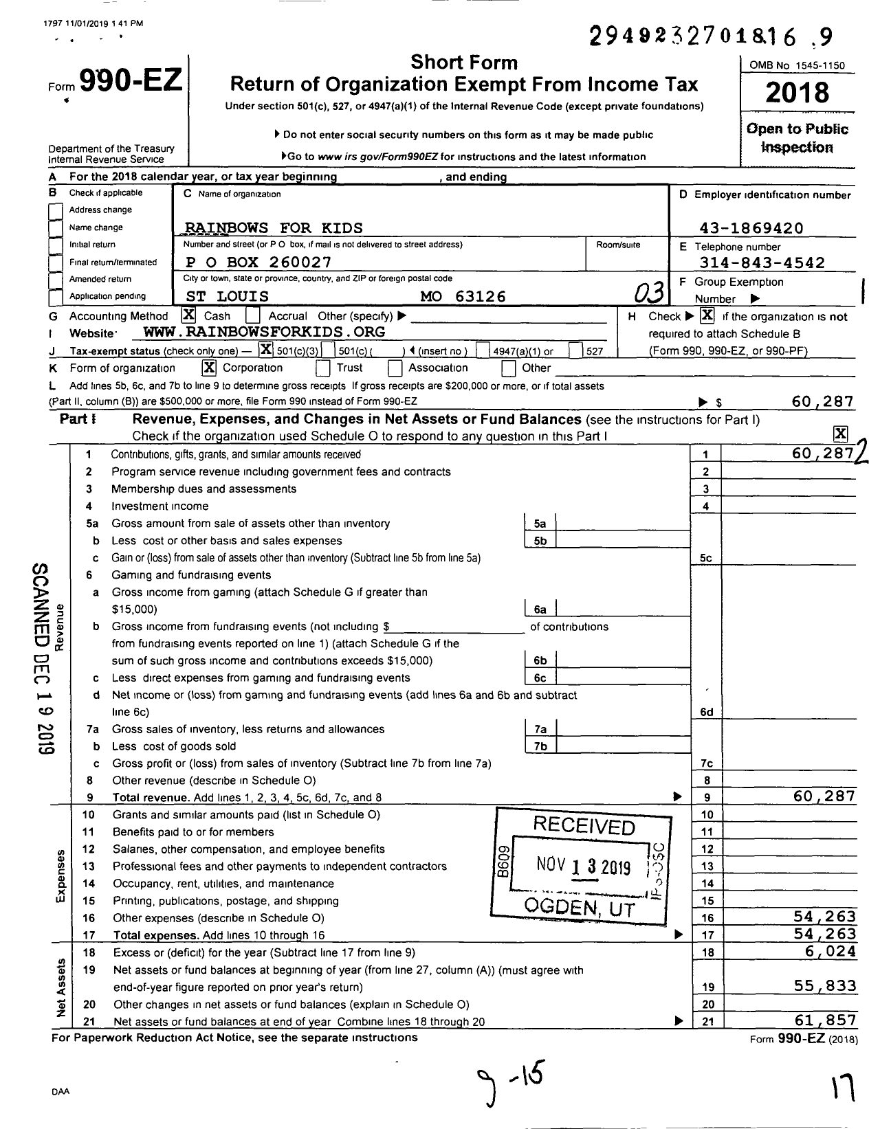 Image of first page of 2018 Form 990EZ for Rainbows For Kids