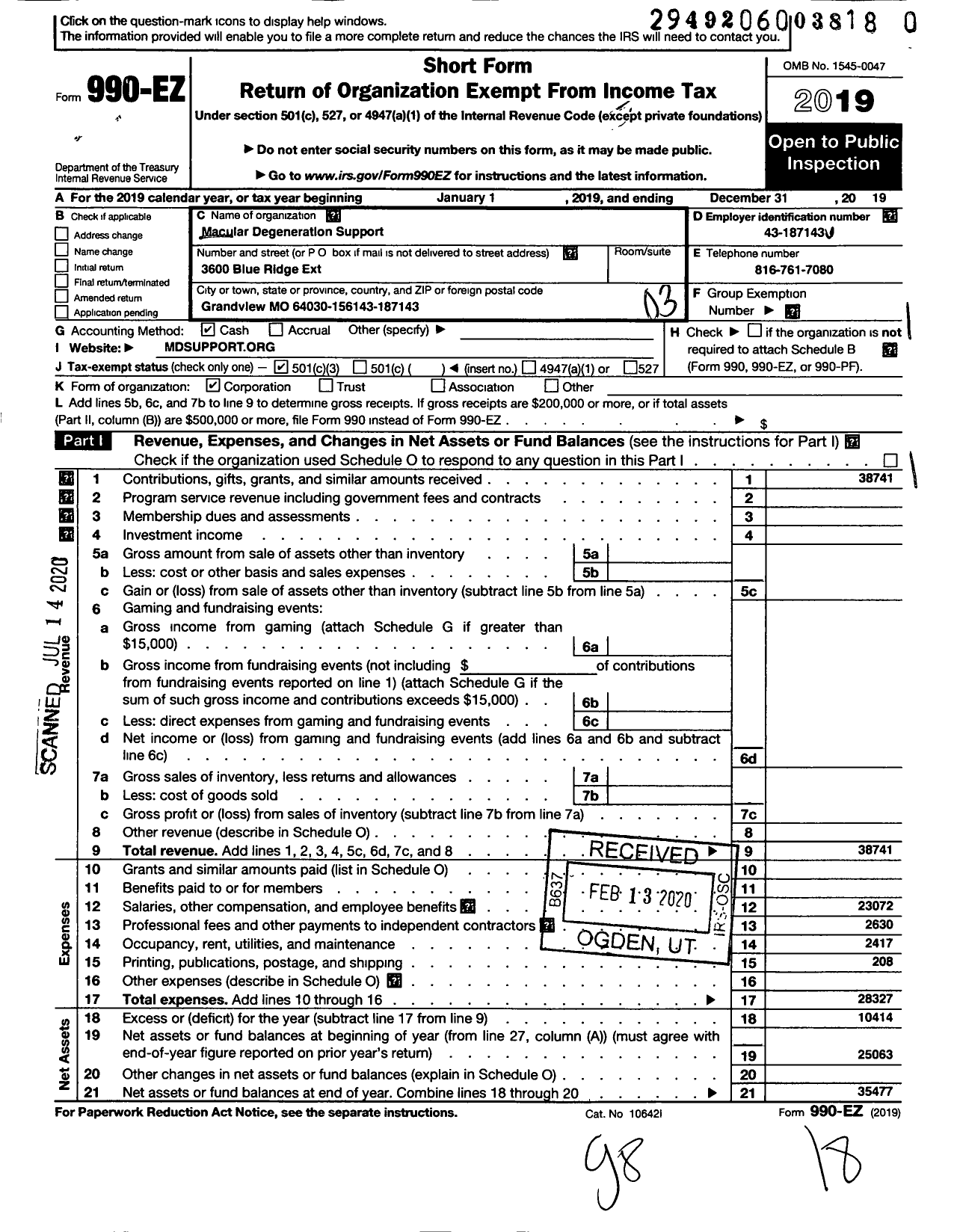 Image of first page of 2019 Form 990EZ for Macular Degeneration Support