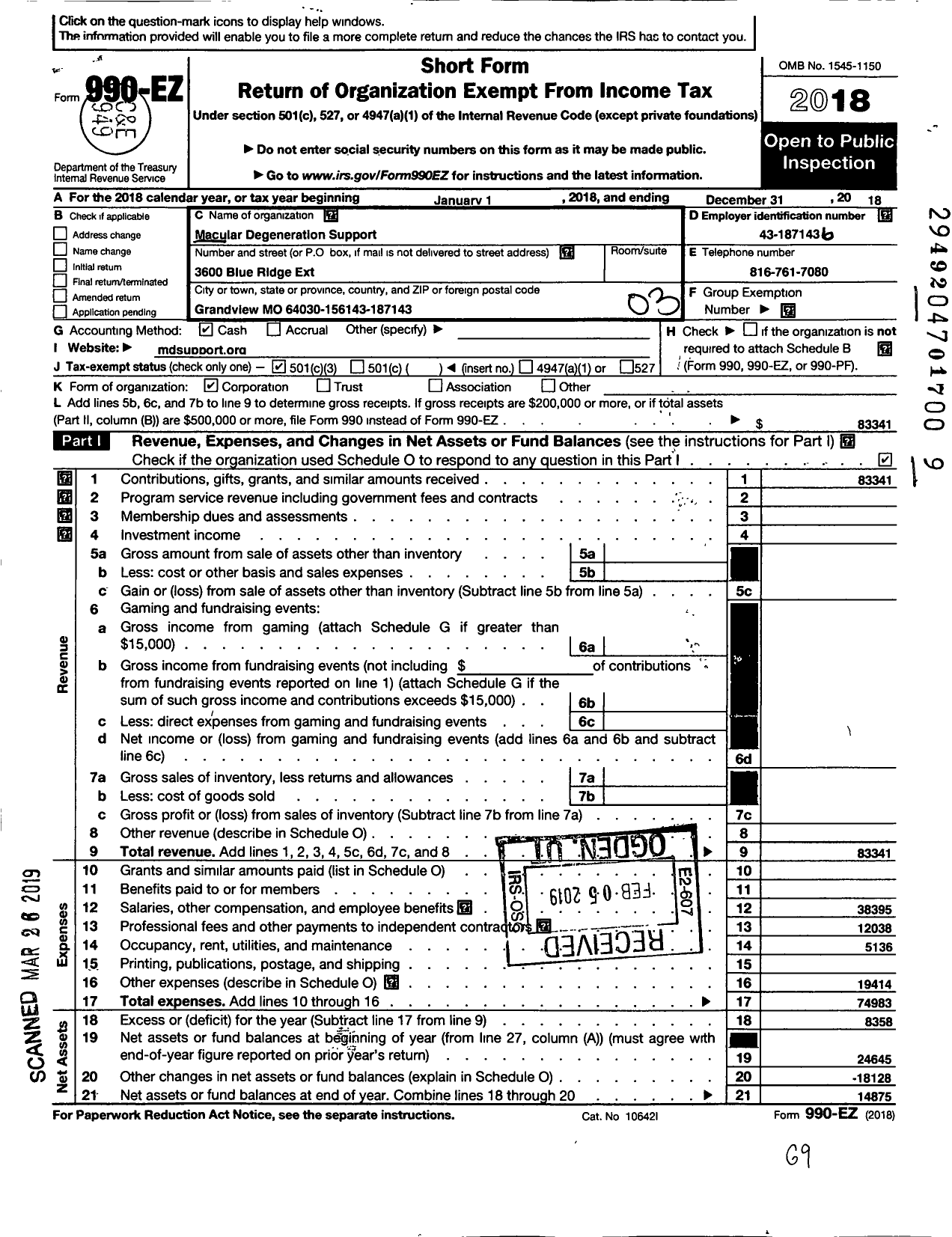 Image of first page of 2018 Form 990EZ for Macular Degeneration Support