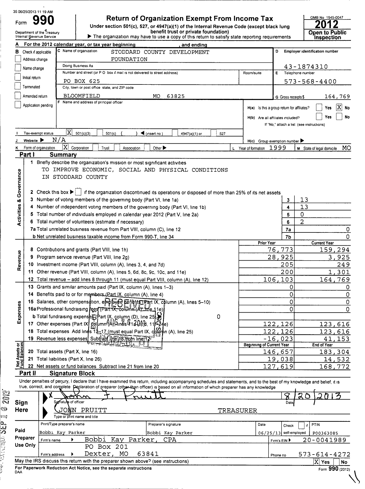 Image of first page of 2012 Form 990 for Stoddard County Development