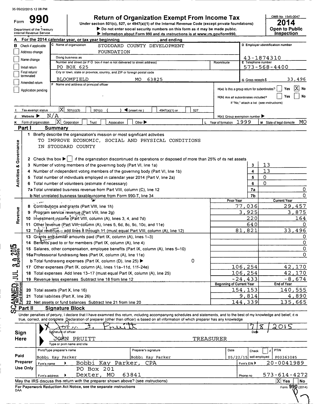 Image of first page of 2014 Form 990 for Stoddard County Development