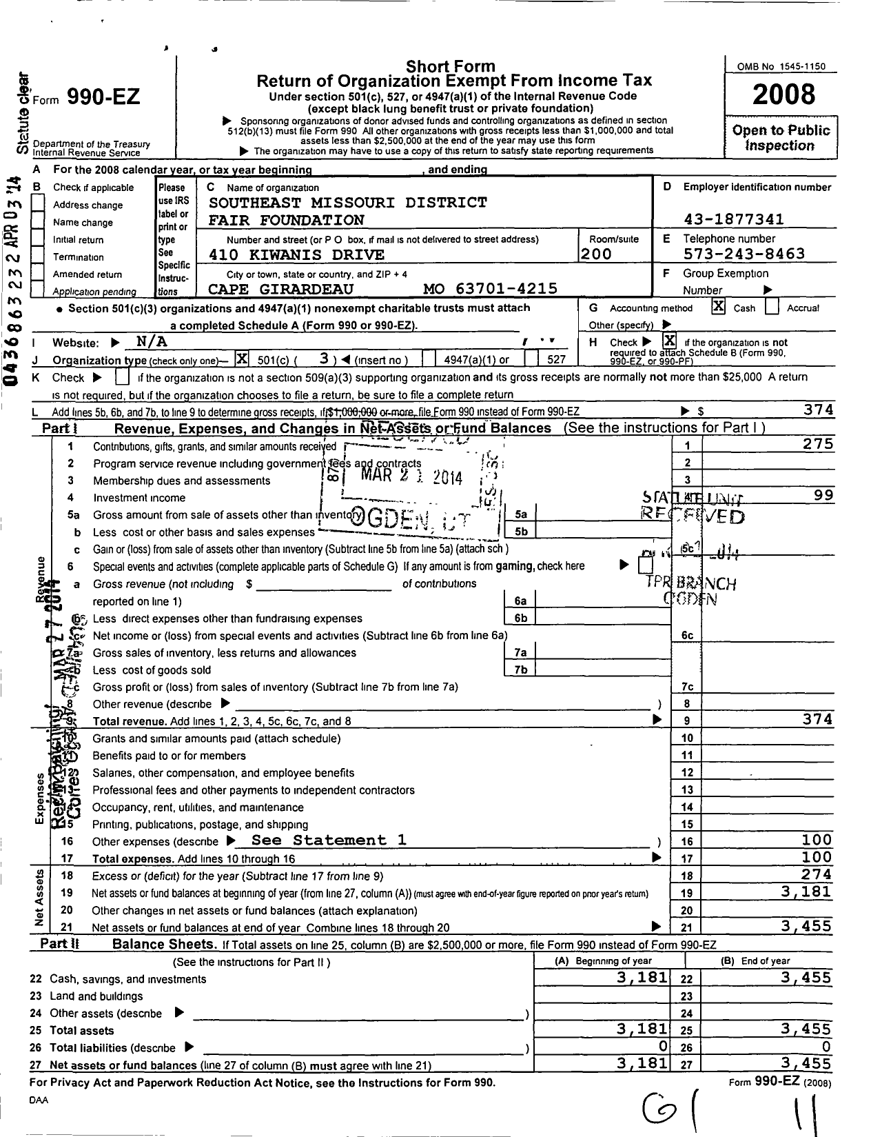 Image of first page of 2008 Form 990EZ for Southeast Missouri District Fair Foundation