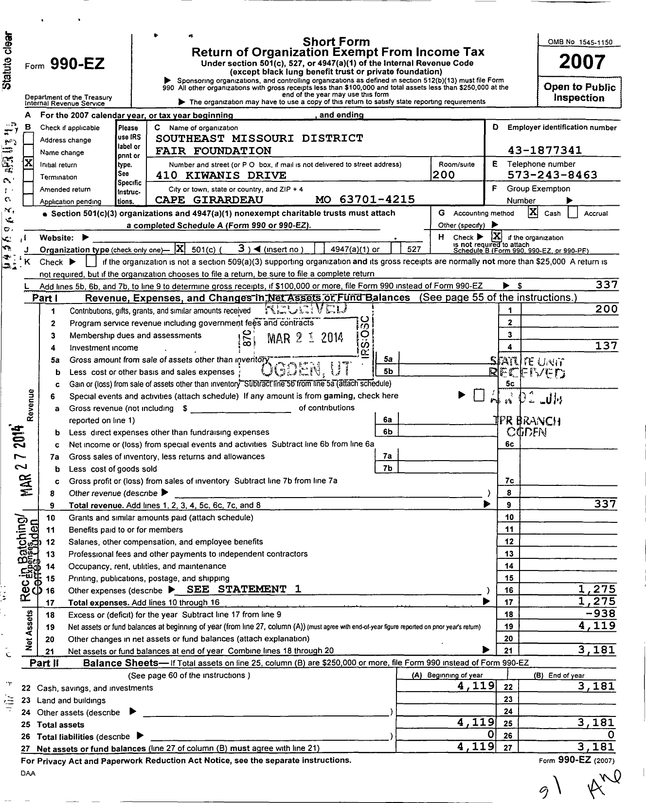 Image of first page of 2007 Form 990EZ for Southeast Missouri District Fair Foundation