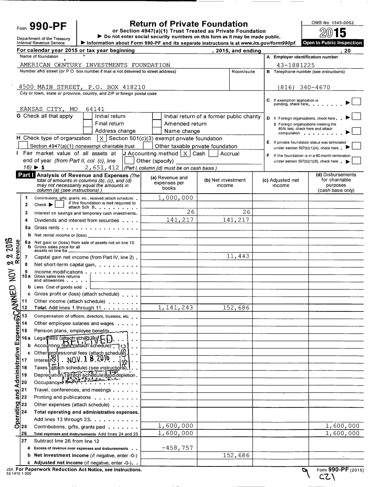 Image of first page of 2015 Form 990PF for American Century Investments Foundation