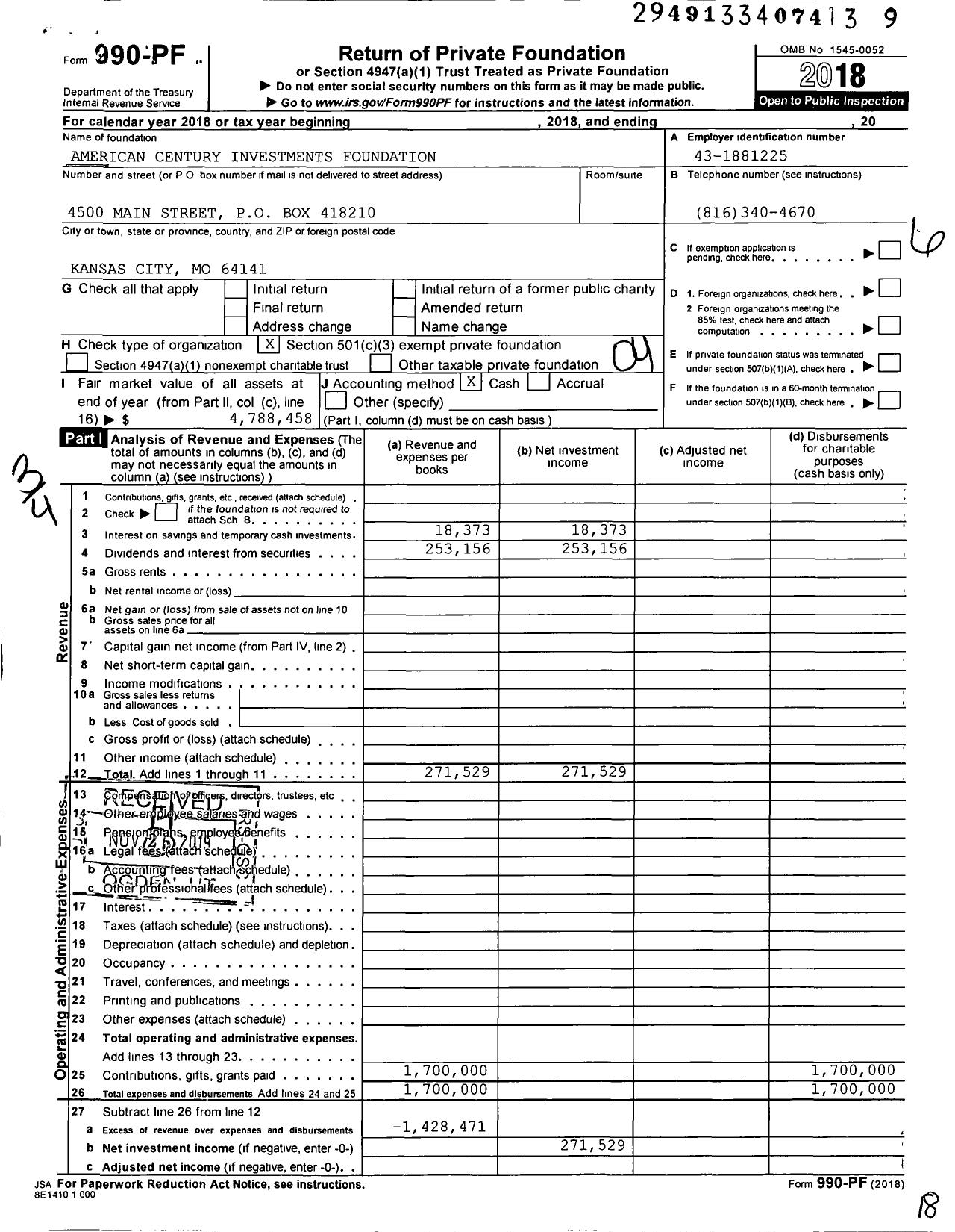Image of first page of 2018 Form 990PF for American Century Investments Foundation