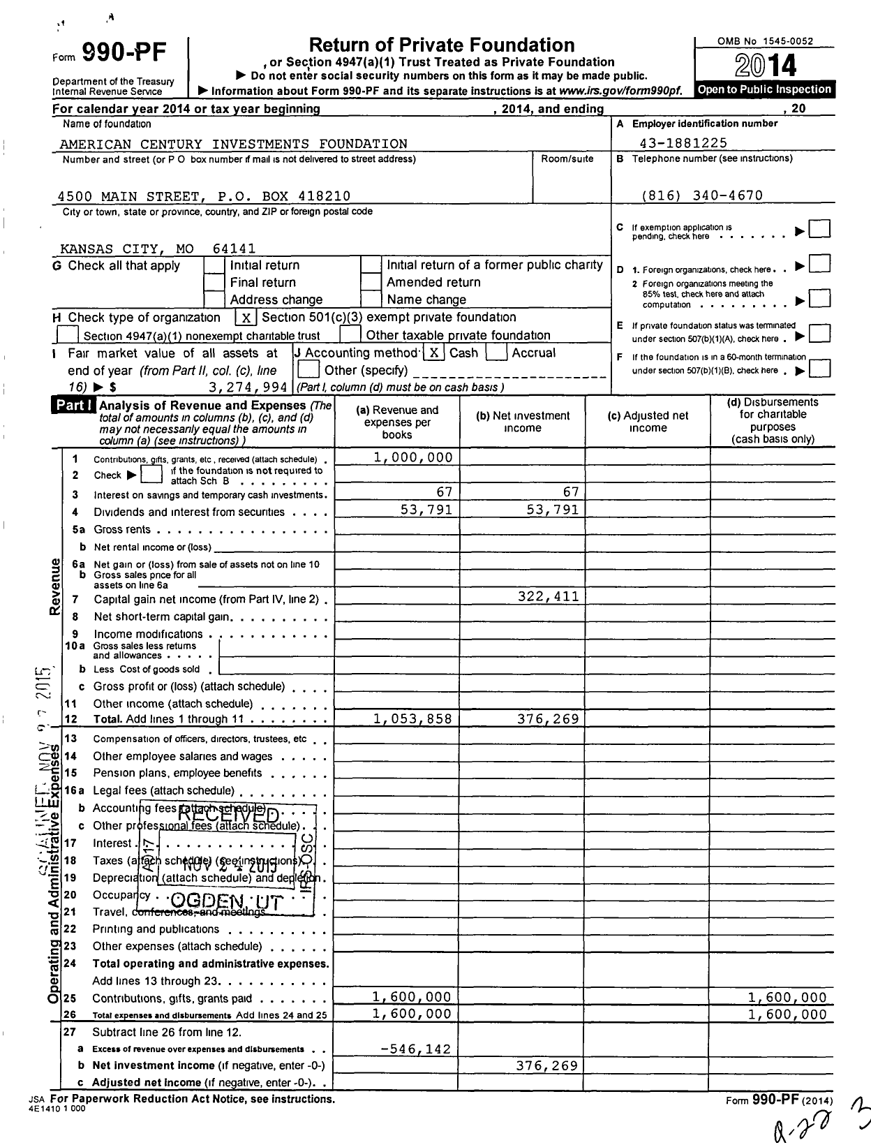 Image of first page of 2014 Form 990PF for American Century Investments Foundation