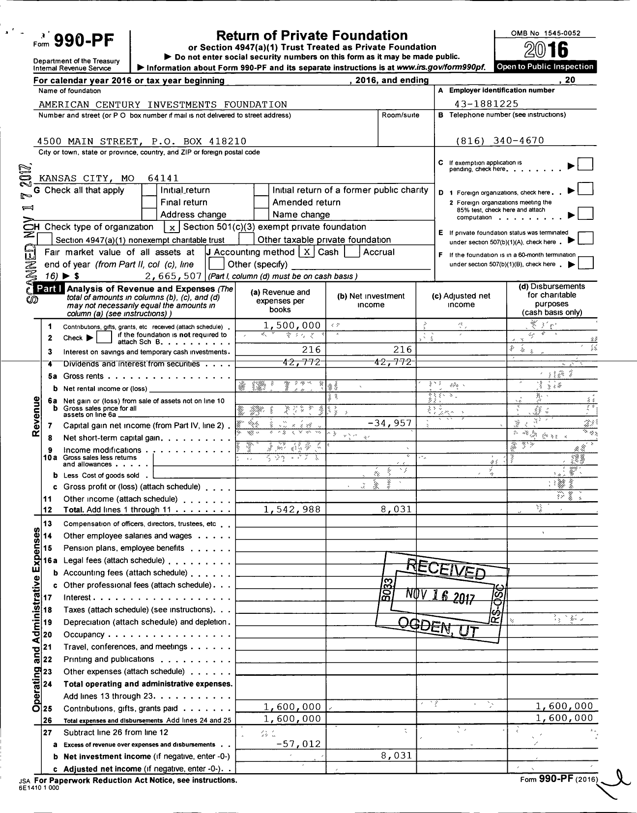 Image of first page of 2016 Form 990PF for American Century Investments Foundation