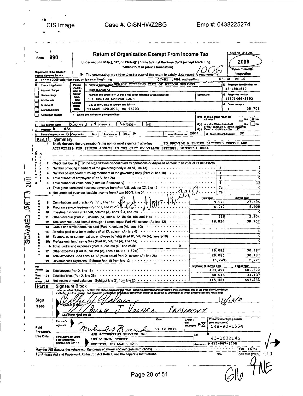 Image of first page of 2009 Form 990 for Senior Citizens Club of Willow Springs