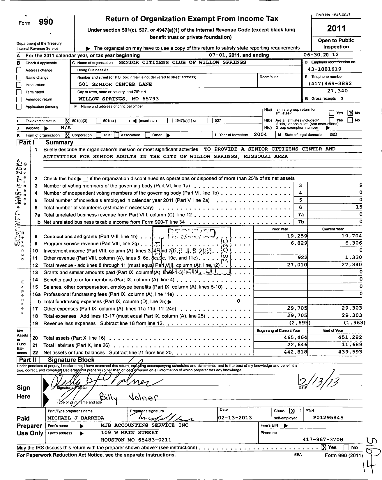 Image of first page of 2011 Form 990 for Senior Citizens Club of Willow Springs